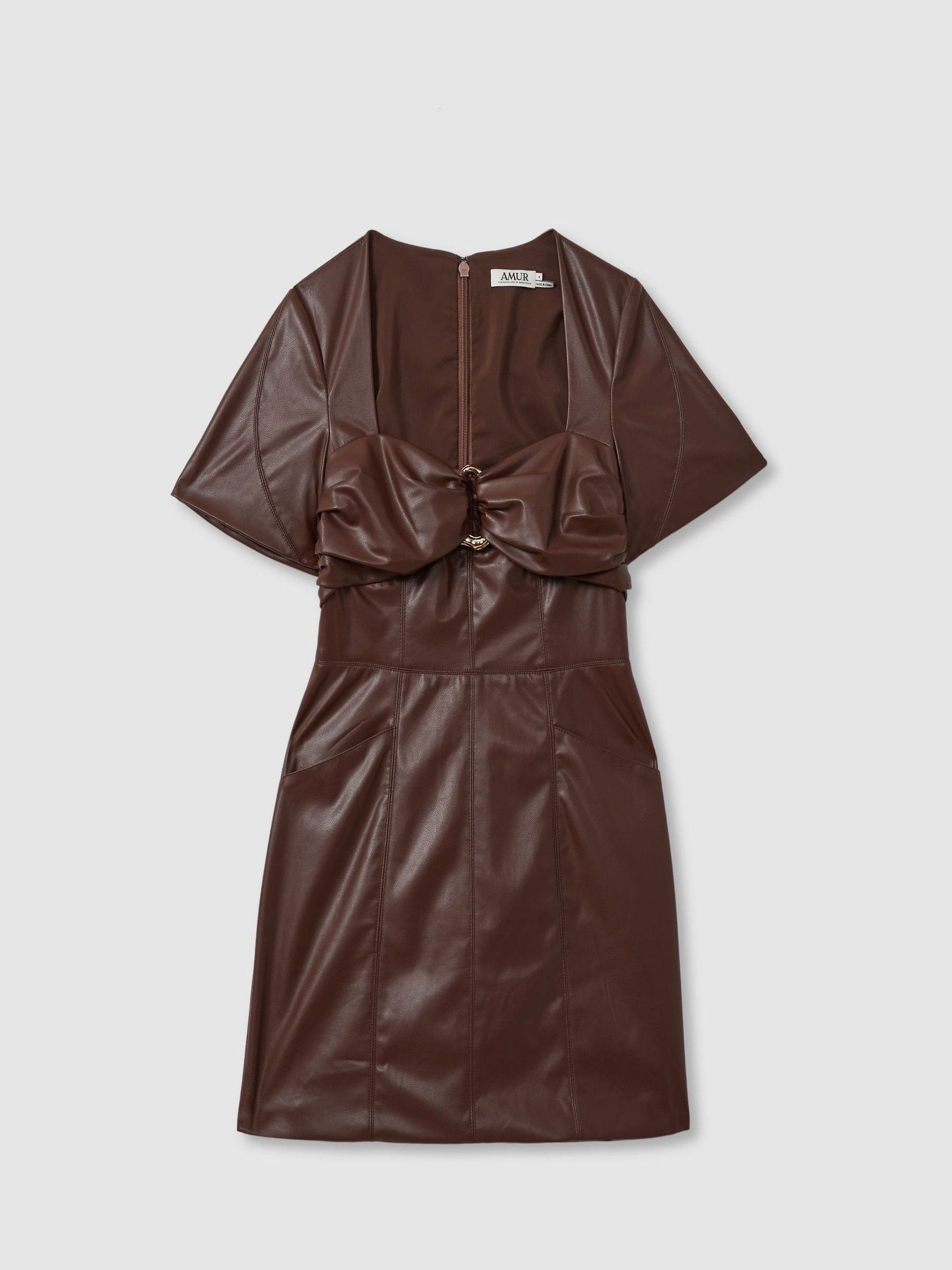 Amur Faux Leather Mini Dress in Chocolate Brown - Image 2 of 6