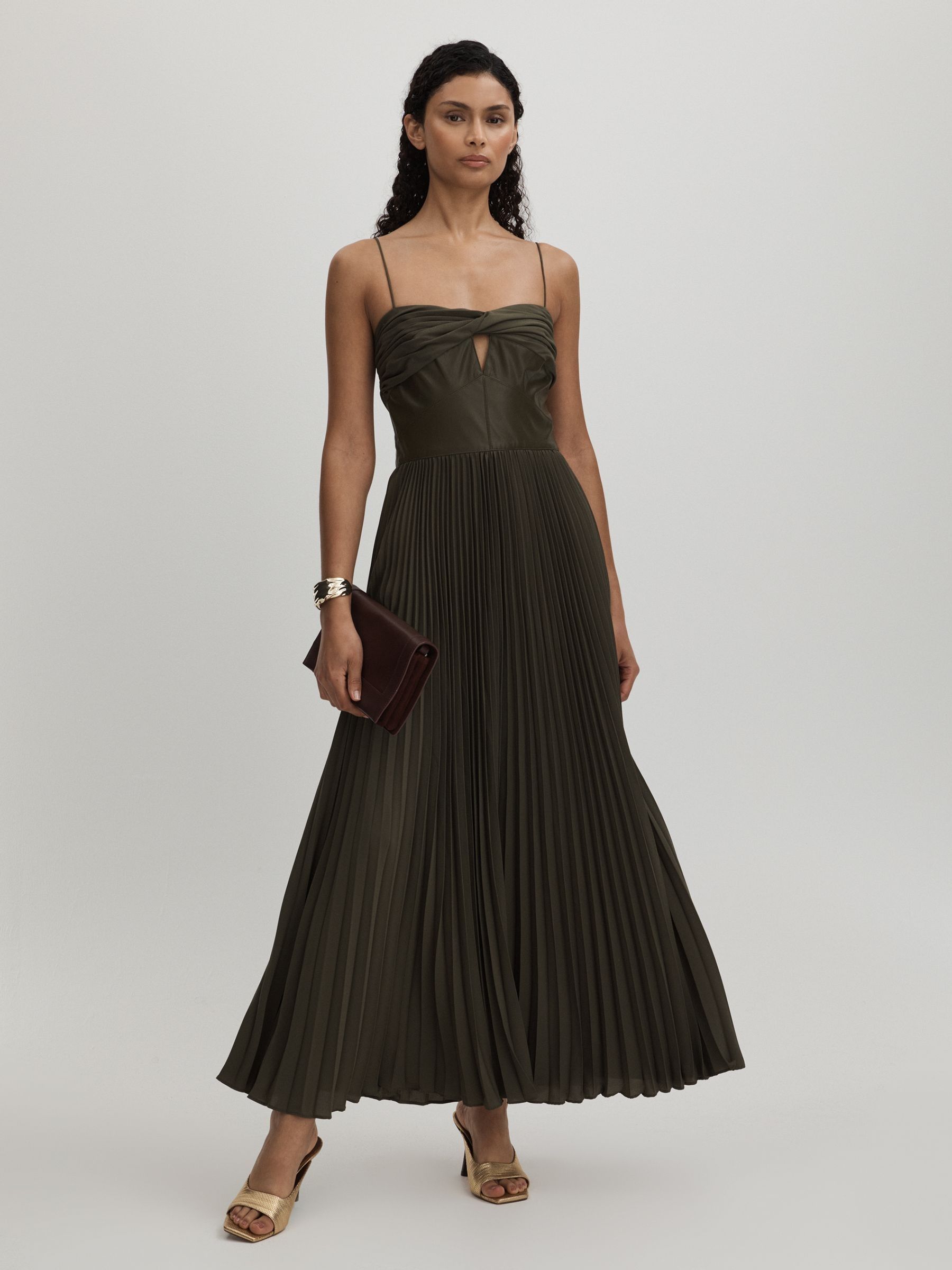 Amur Twist Pleated Maxi Dress in Olive - Image 1 of 5