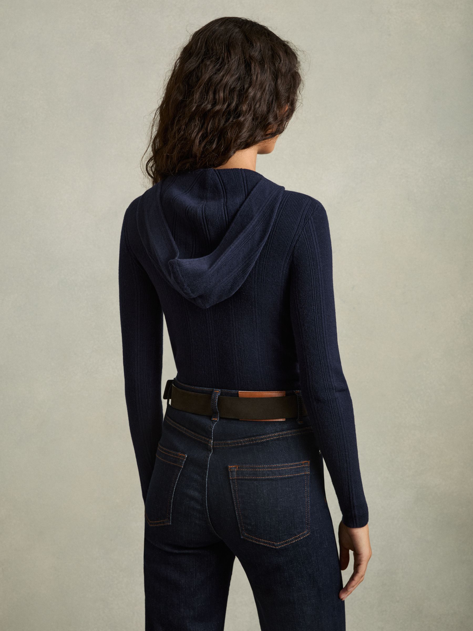 Wool-Blend Rib-Knit Hooded Jumper in Navy - Image 5 of 6