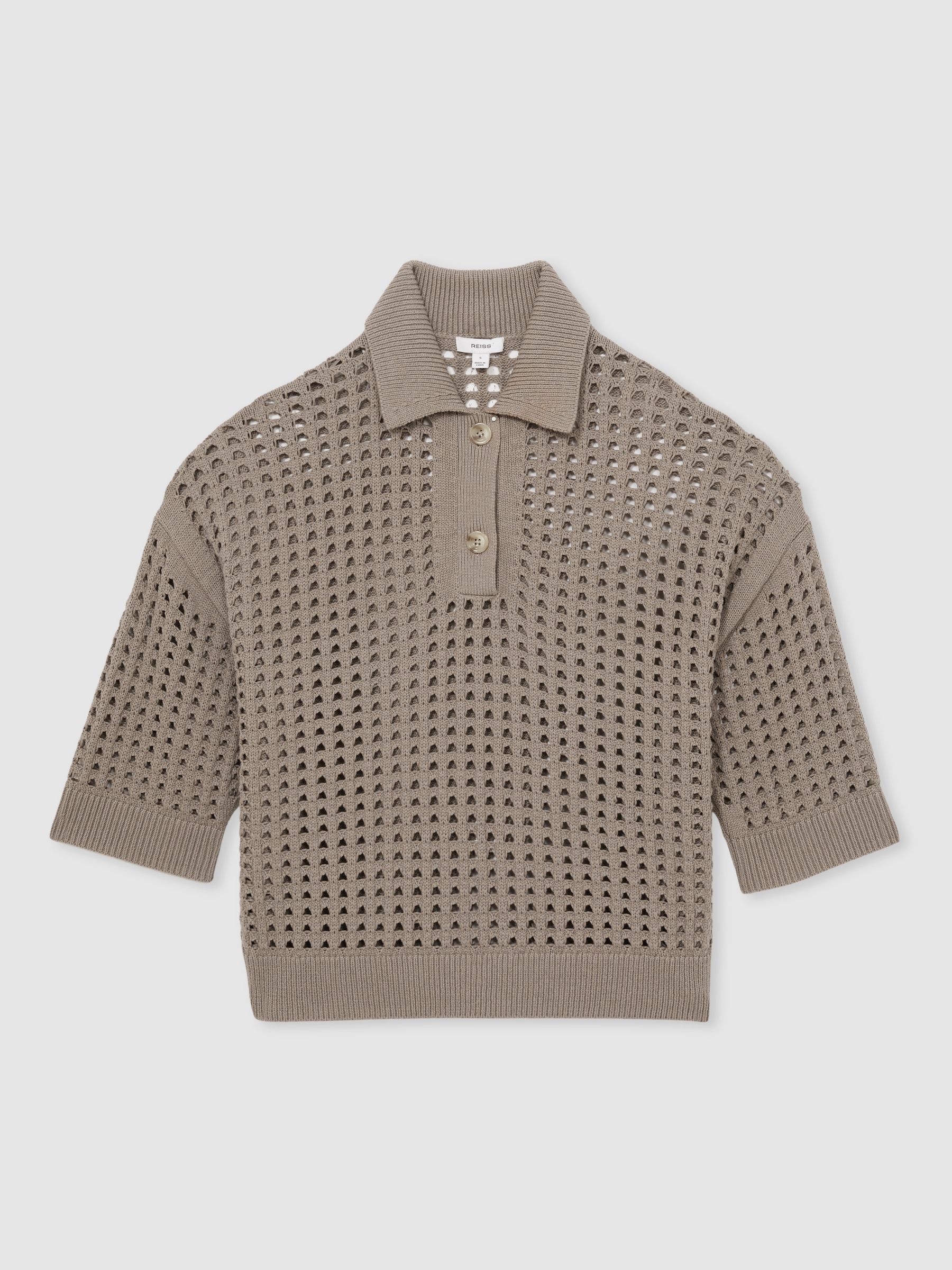 Cotton Crochet Collared Jumper in Stone - Image 2 of 8