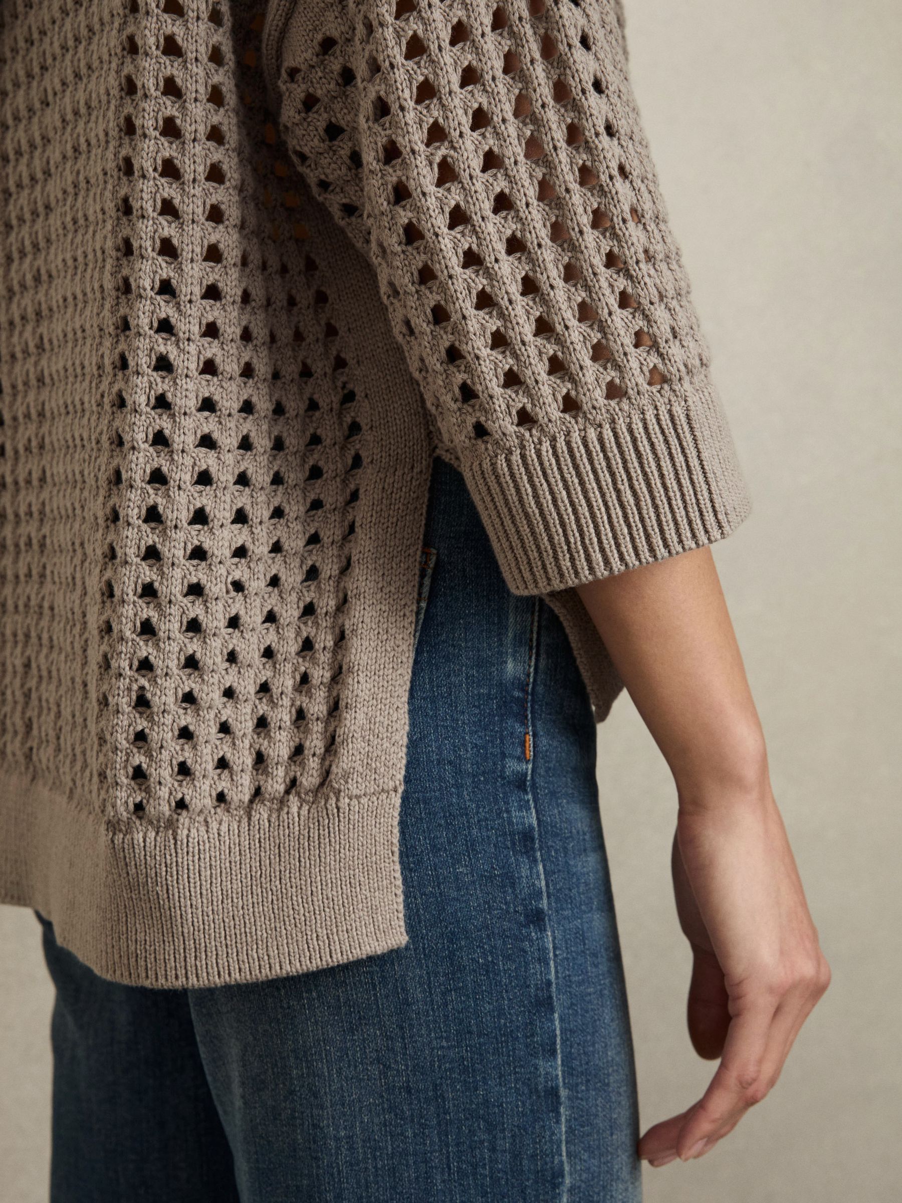 Cotton Crochet Collared Jumper in Stone - Image 5 of 8