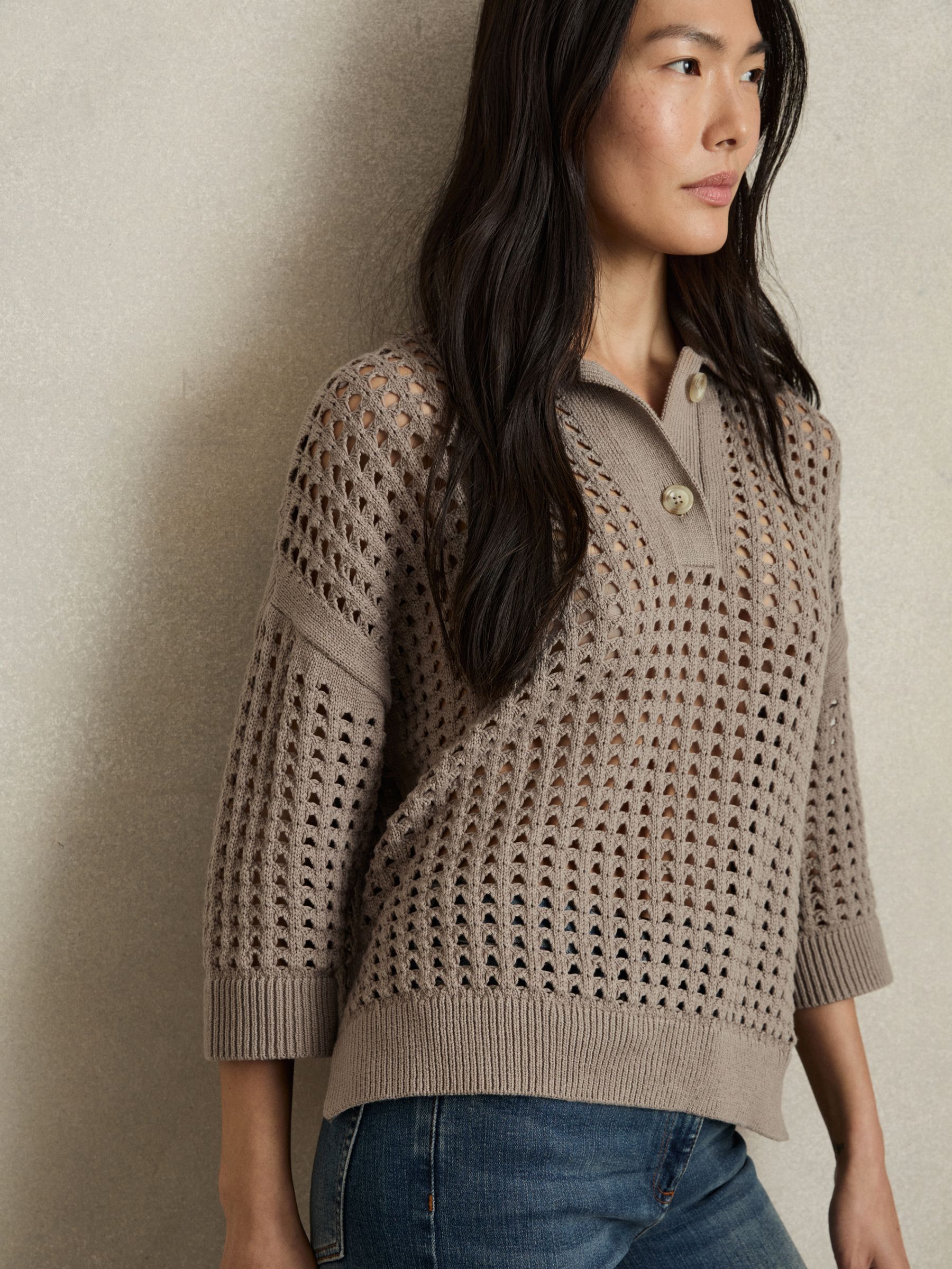 Cotton Crochet Collared Jumper in Stone - Image 7 of 8