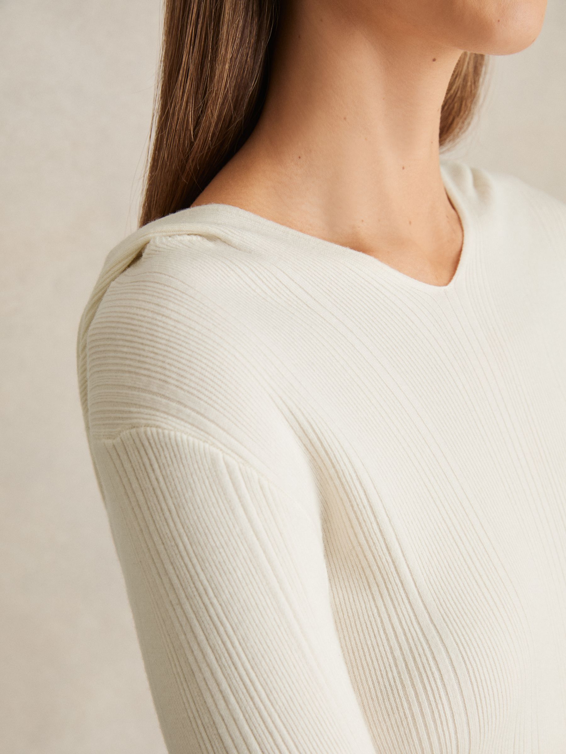 Wool-Blend Rib-Knit Hooded Jumper in Cream - Image 4 of 7