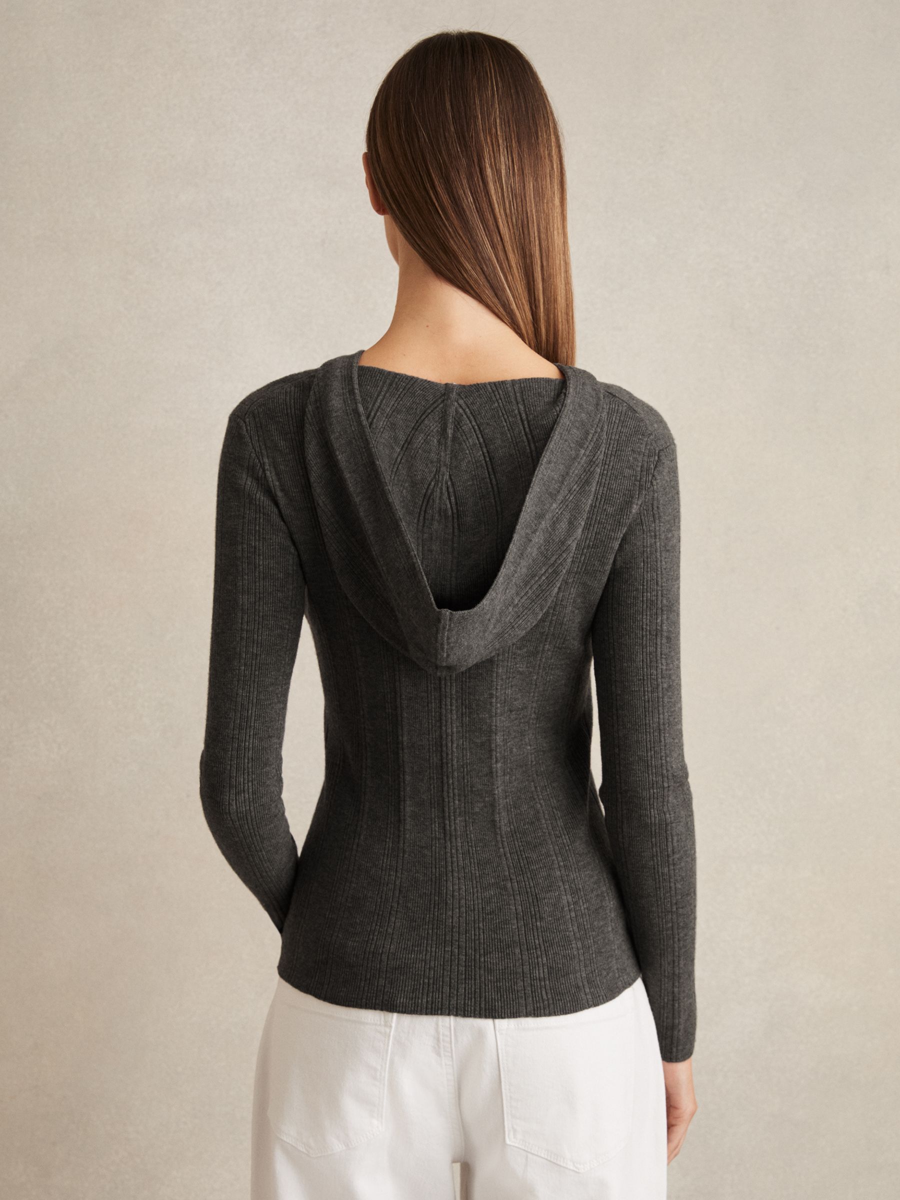 Reiss Wool-Blend Rib-Knit Hooded Jumper in Charcoal - REISS