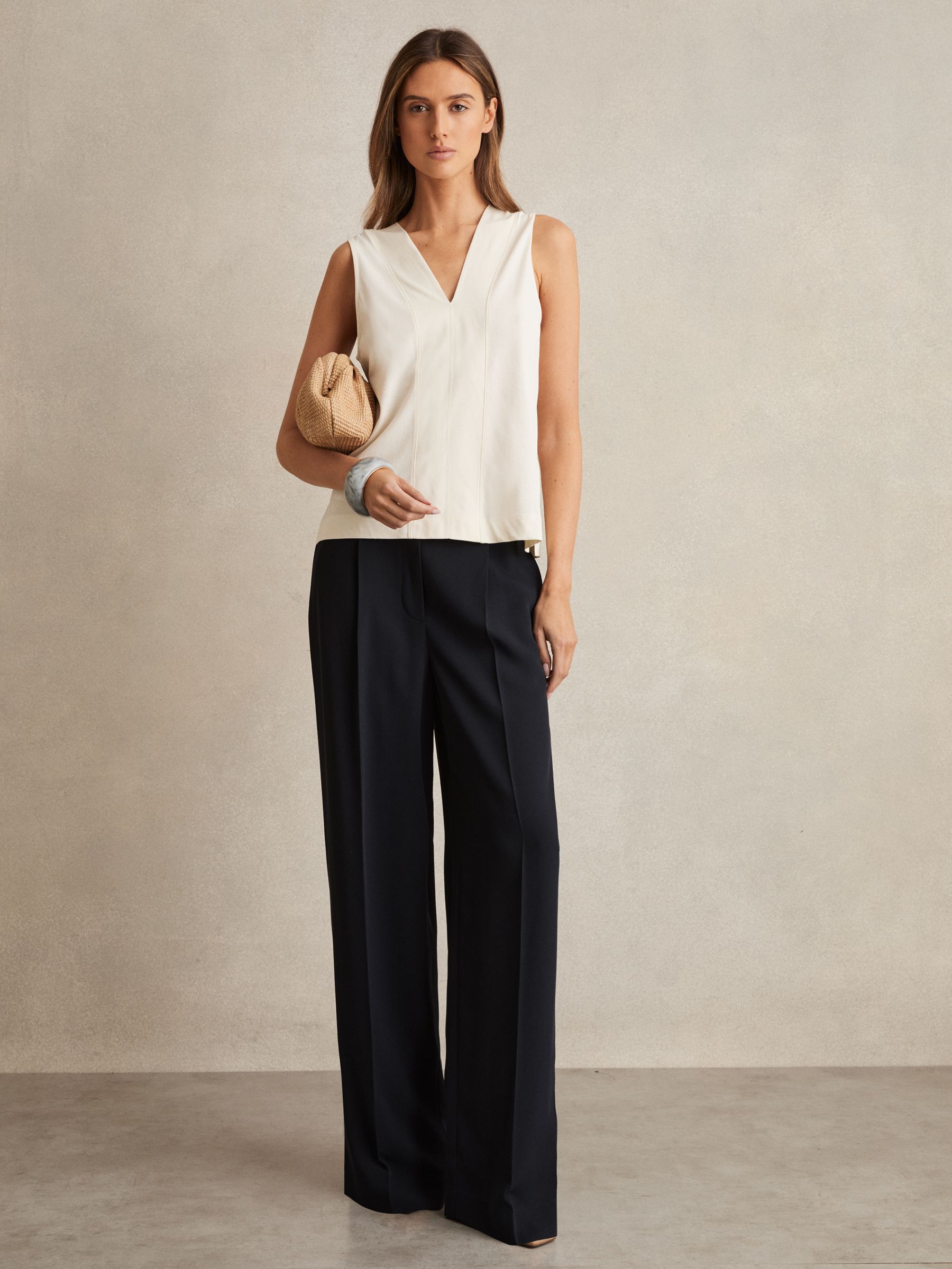 Petite Elasticated-Waist Wide-Leg Twill Trousers in Navy - Image 1 of 7