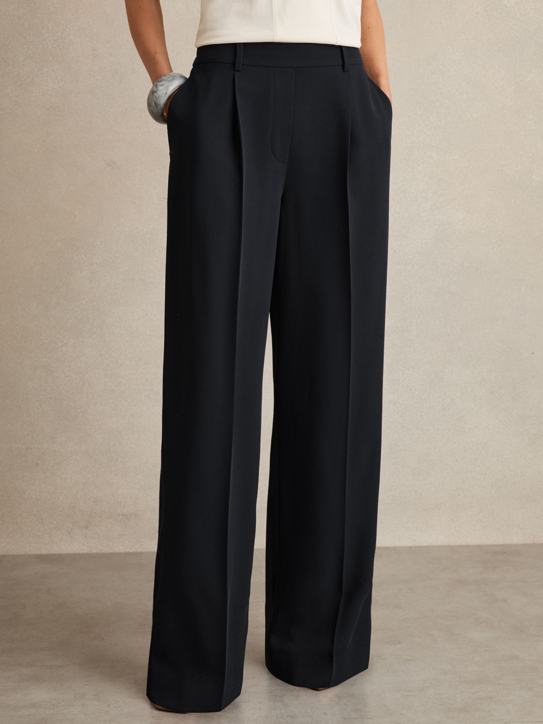 Petite Elasticated-Waist Wide-Leg Twill Trousers in Navy - Image 3 of 7