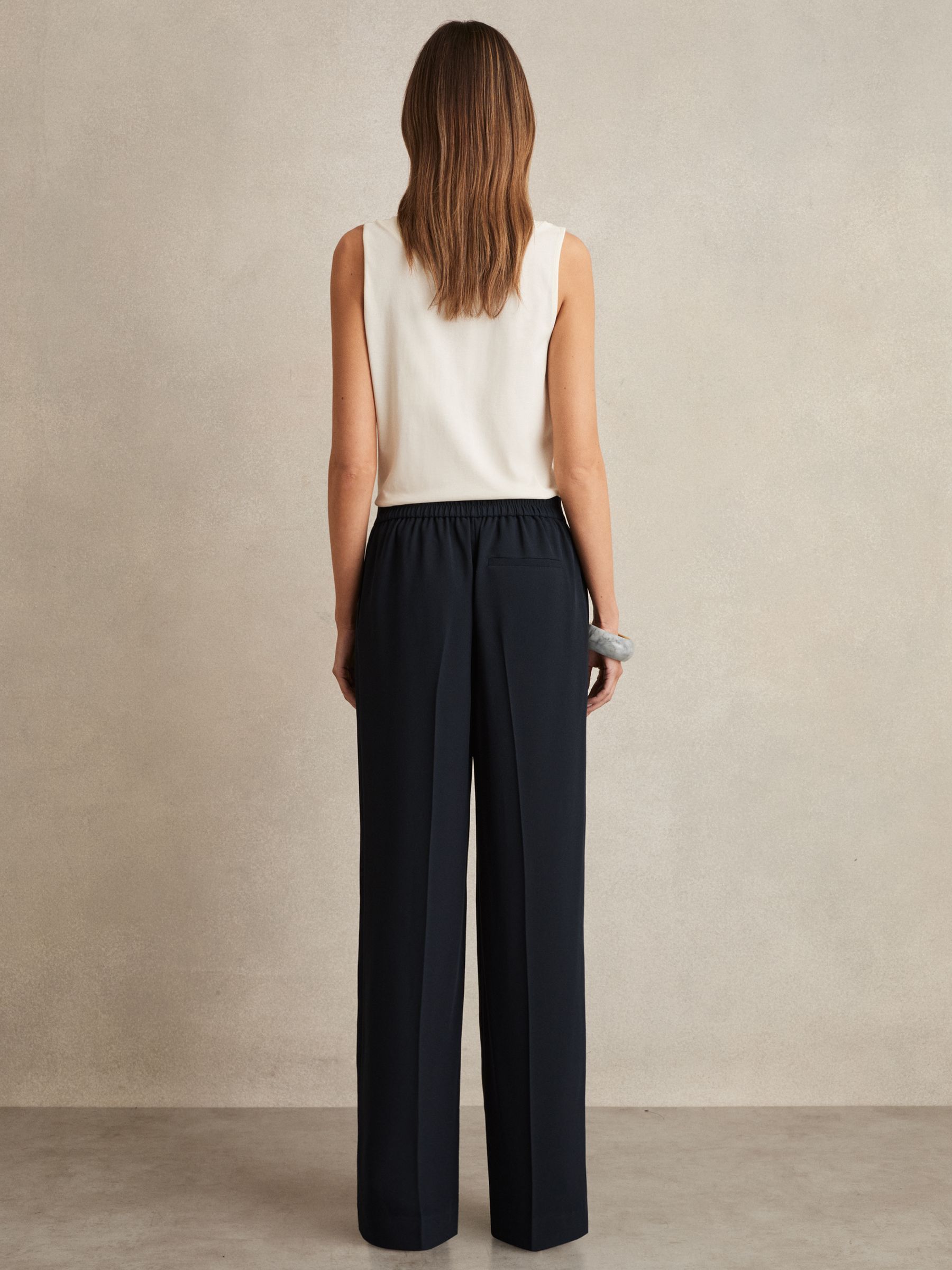 Petite Elasticated-Waist Wide-Leg Twill Trousers in Navy - Image 5 of 7