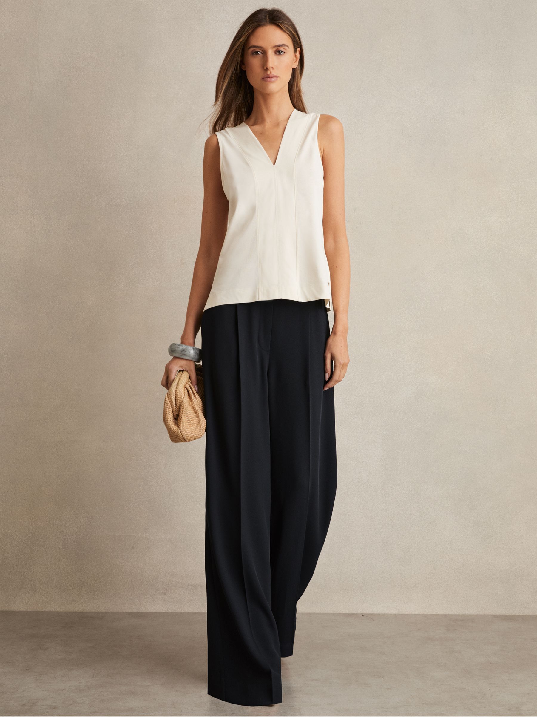 Elasticated-Waist Wide-Leg Twill Trousers in Navy - Image 1 of 6