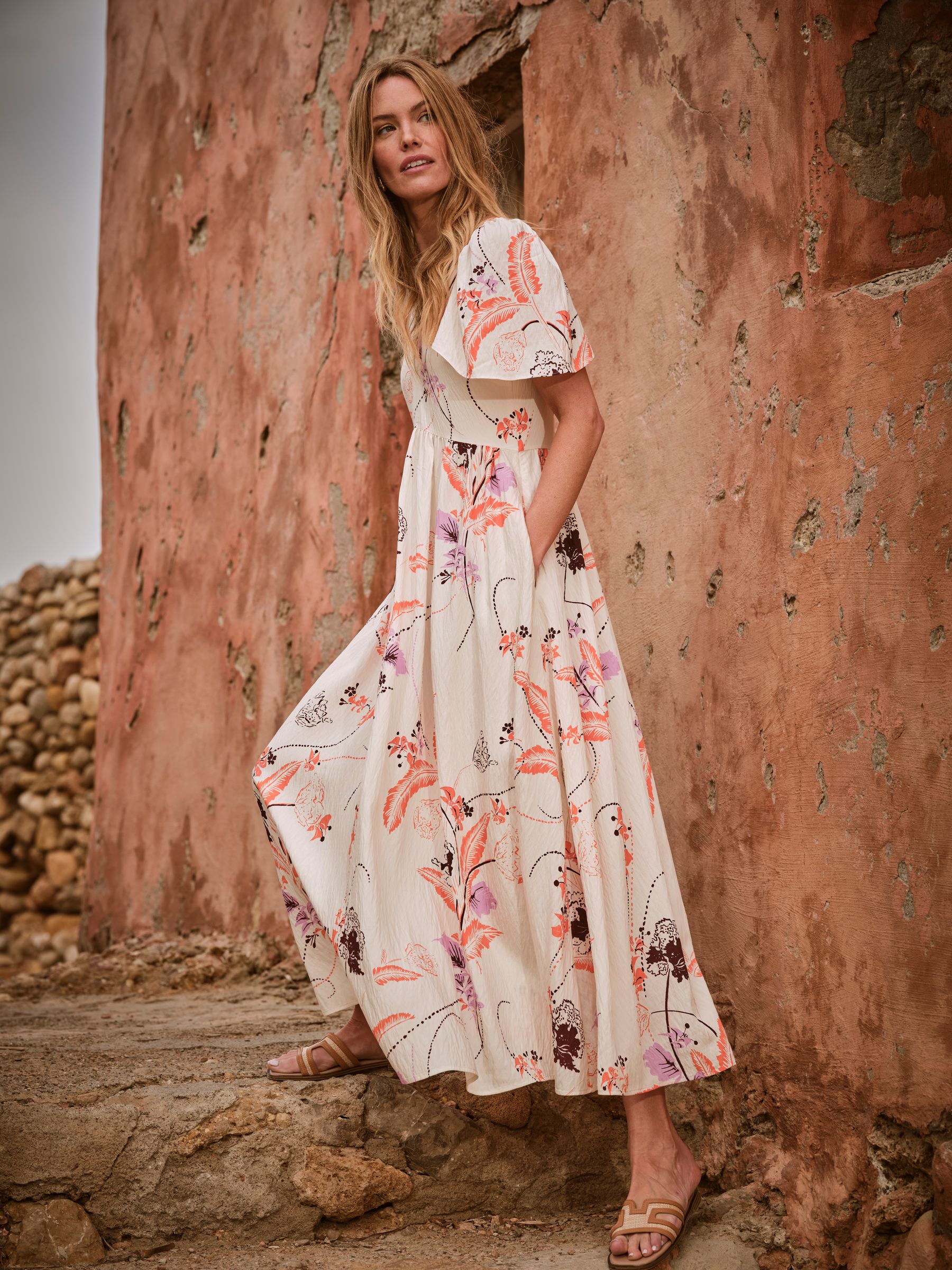 Gathered Sleeve Printed Maxi Dress