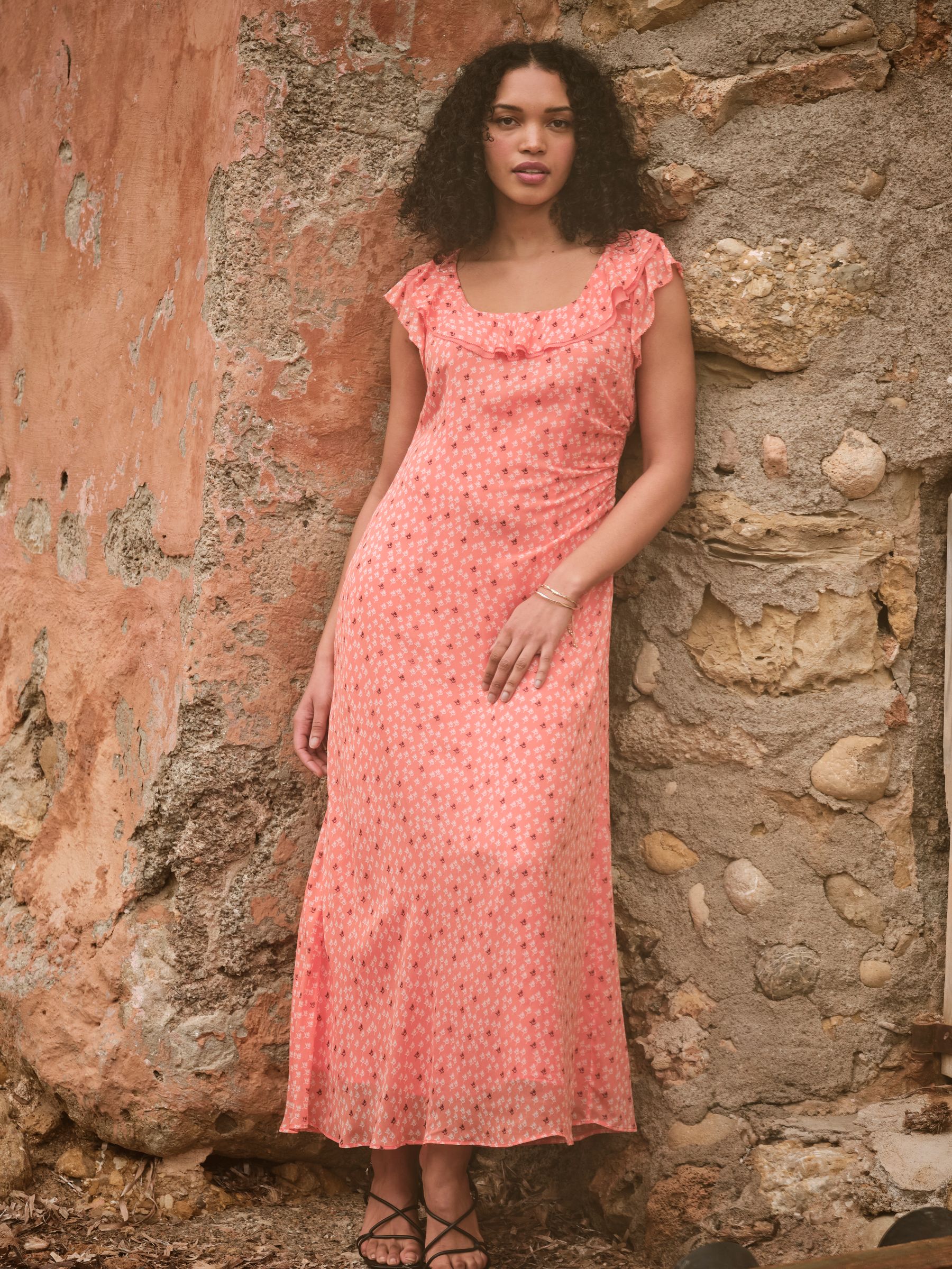 Sloane Coral Pink Scoop Neck Printed Dress - Image 1 of 14