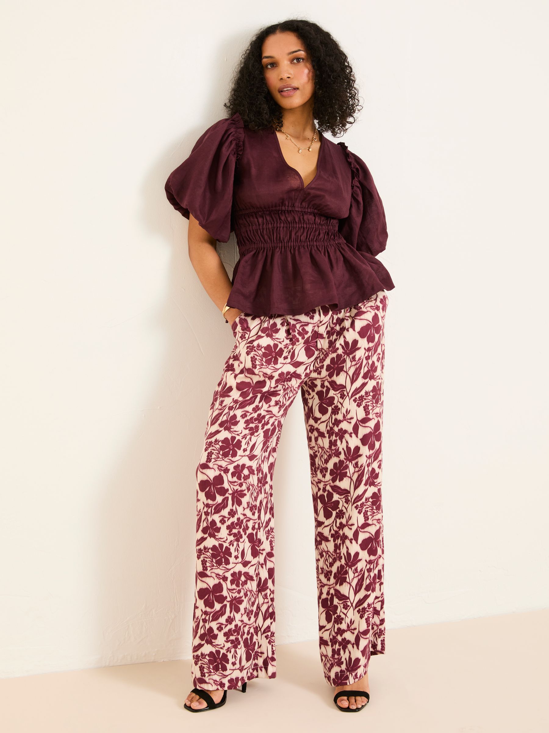 Kingston Claret Printed Satin Trousers | FatFace USA