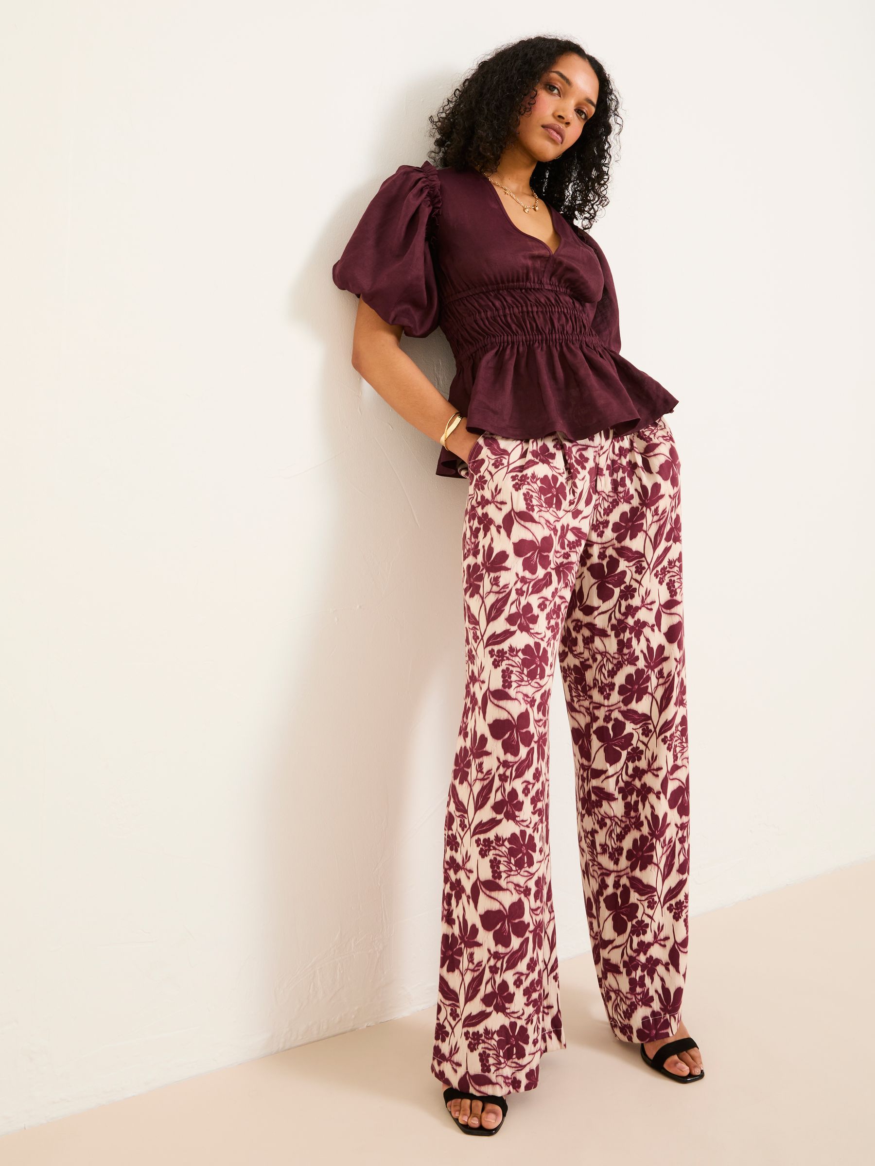 Kingston Claret Printed Satin Trousers | FatFace USA