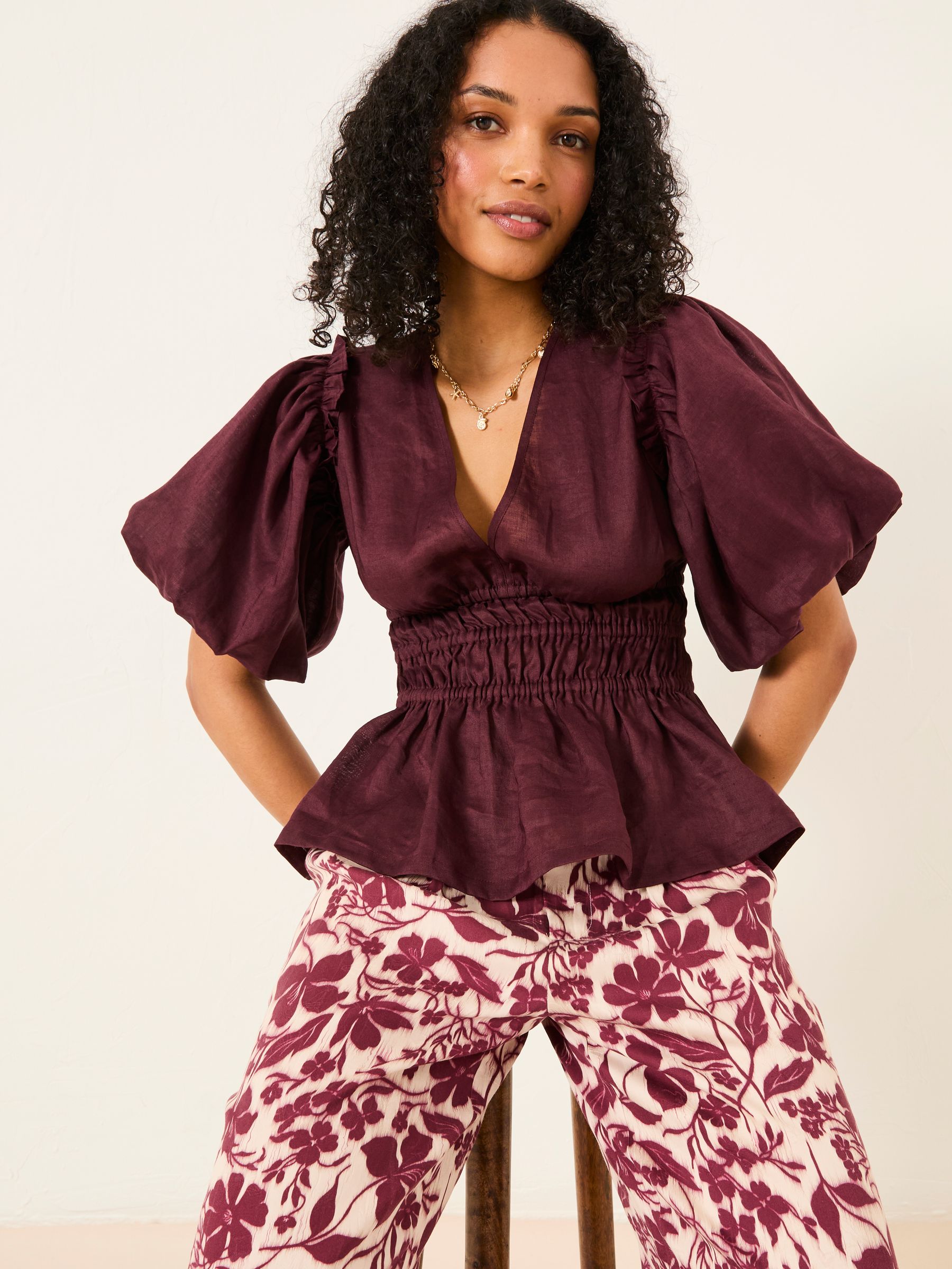 Arabella Claret Puff Sleeve Top | FatFace USA