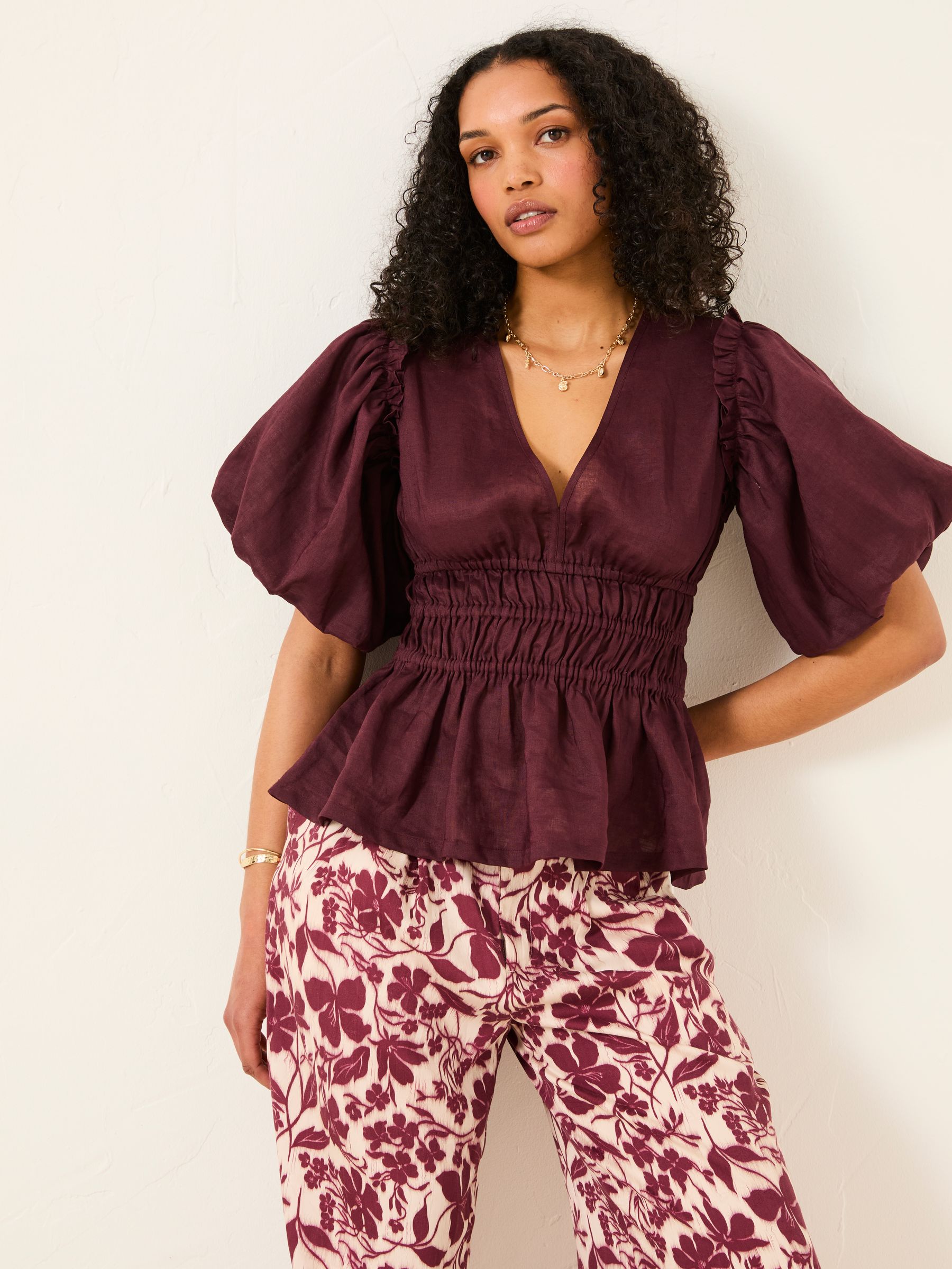 Arabella Claret Puff Sleeve Top | FatFace USA