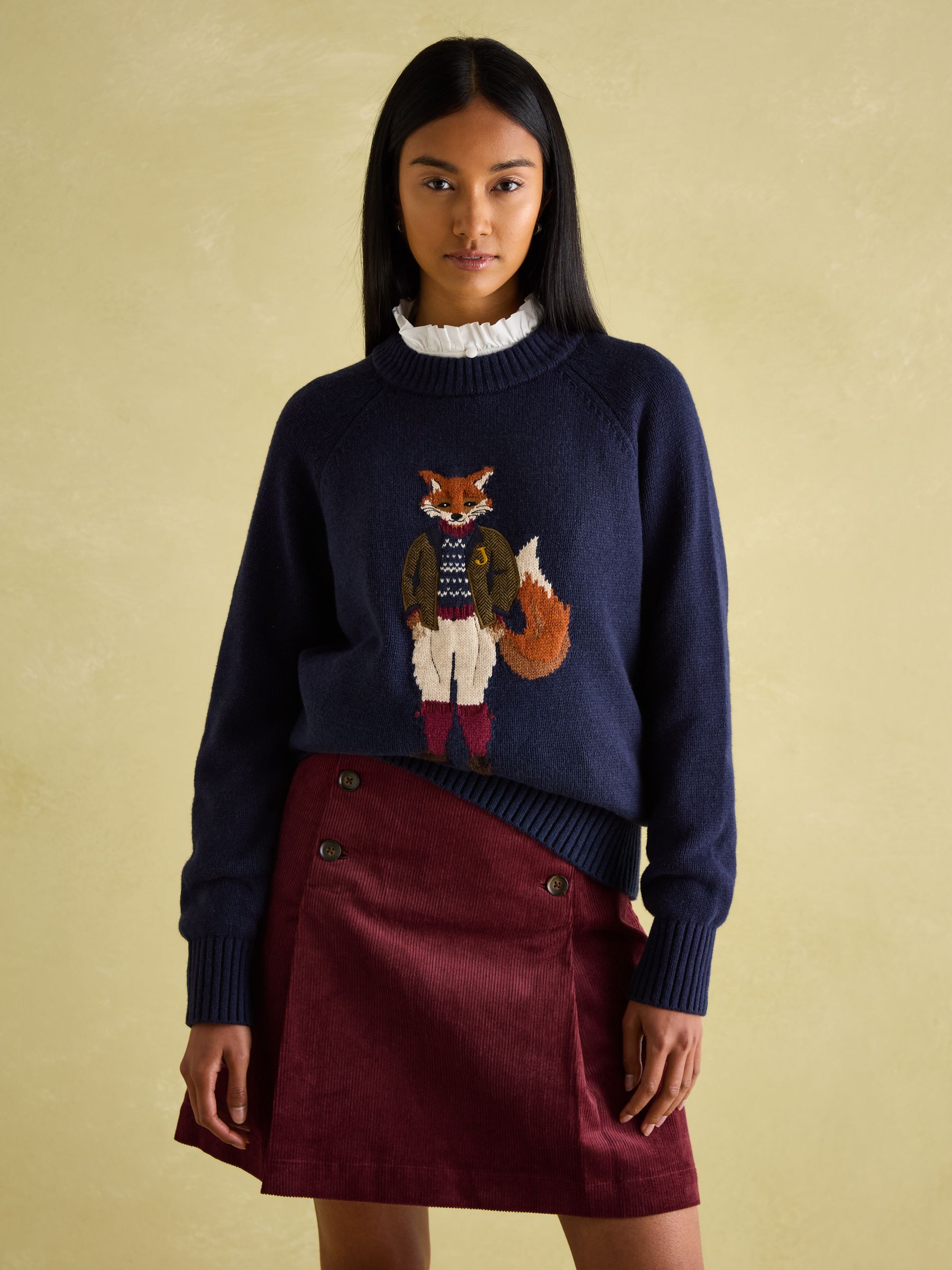Jonty Navy Intarsia Fox Knit Jumper | Joules