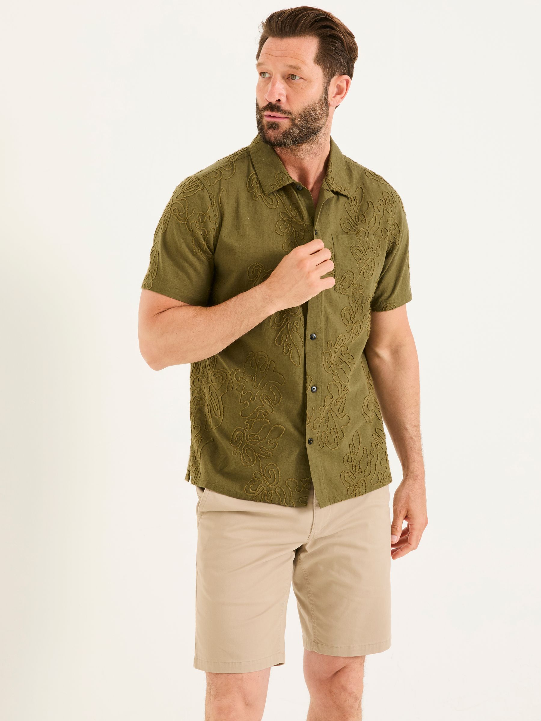 Khaki Green Short Sleeve Swirl Embroidered Shirt - Image 2 of 7