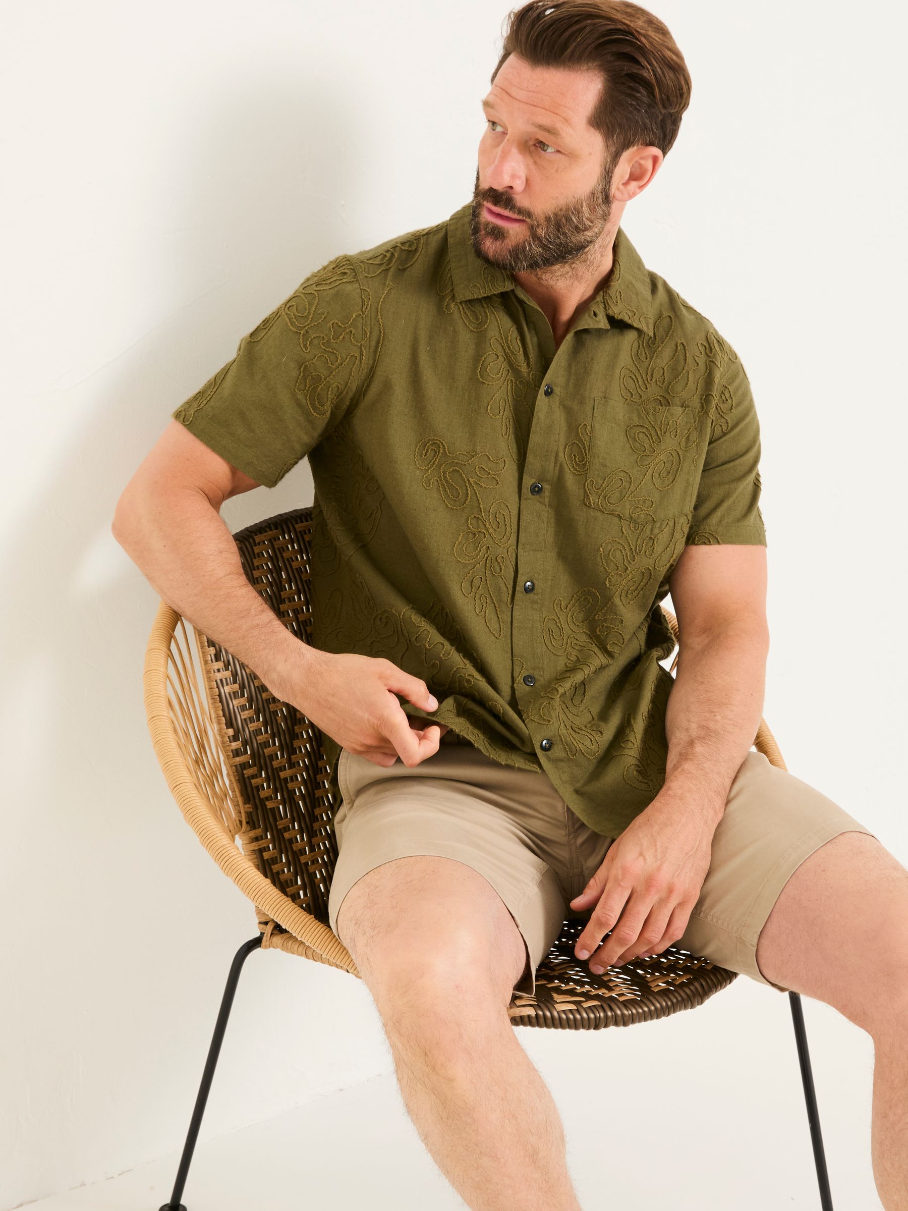 Khaki Green Short Sleeve Swirl Embroidered Shirt - Image 4 of 7