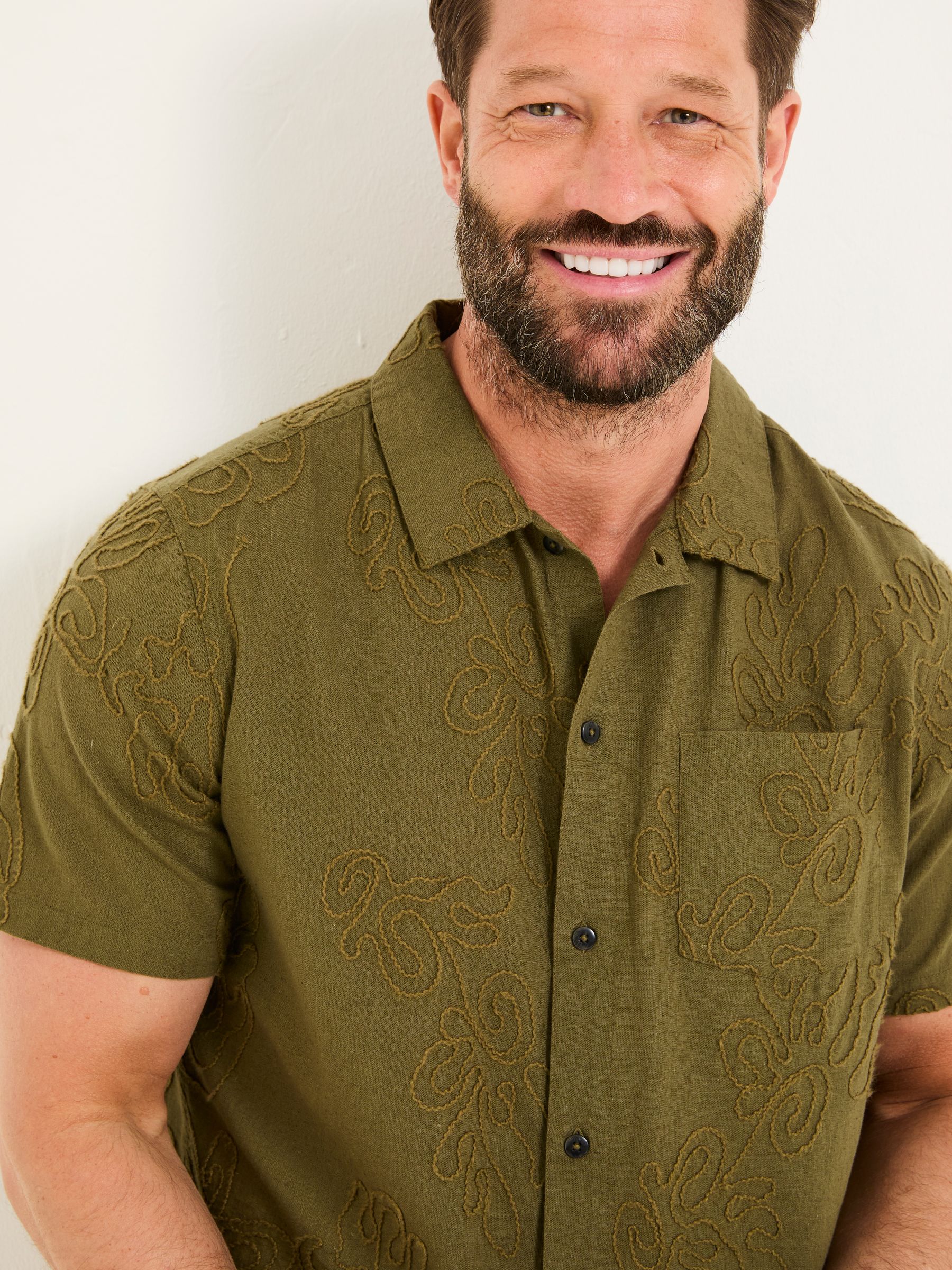 Khaki Green Short Sleeve Swirl Embroidered Shirt - Image 5 of 7