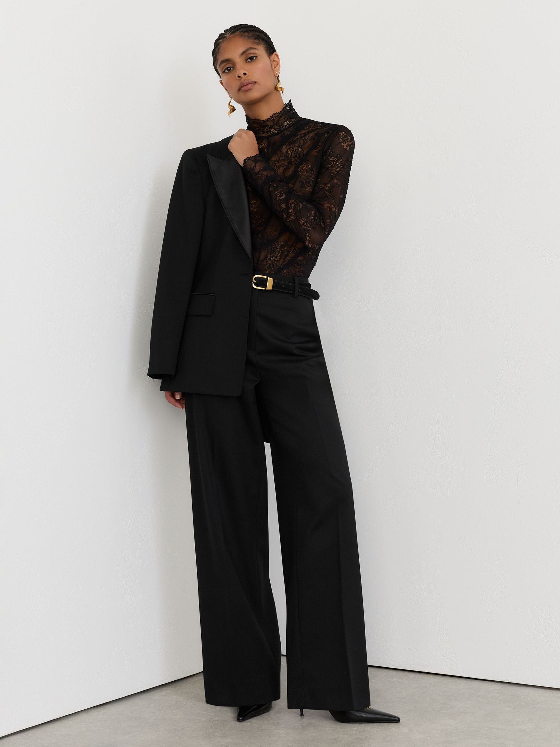 Petite Wool-Blend Wide-Leg Tuxedo Trousers in Black - Image 1 de 8