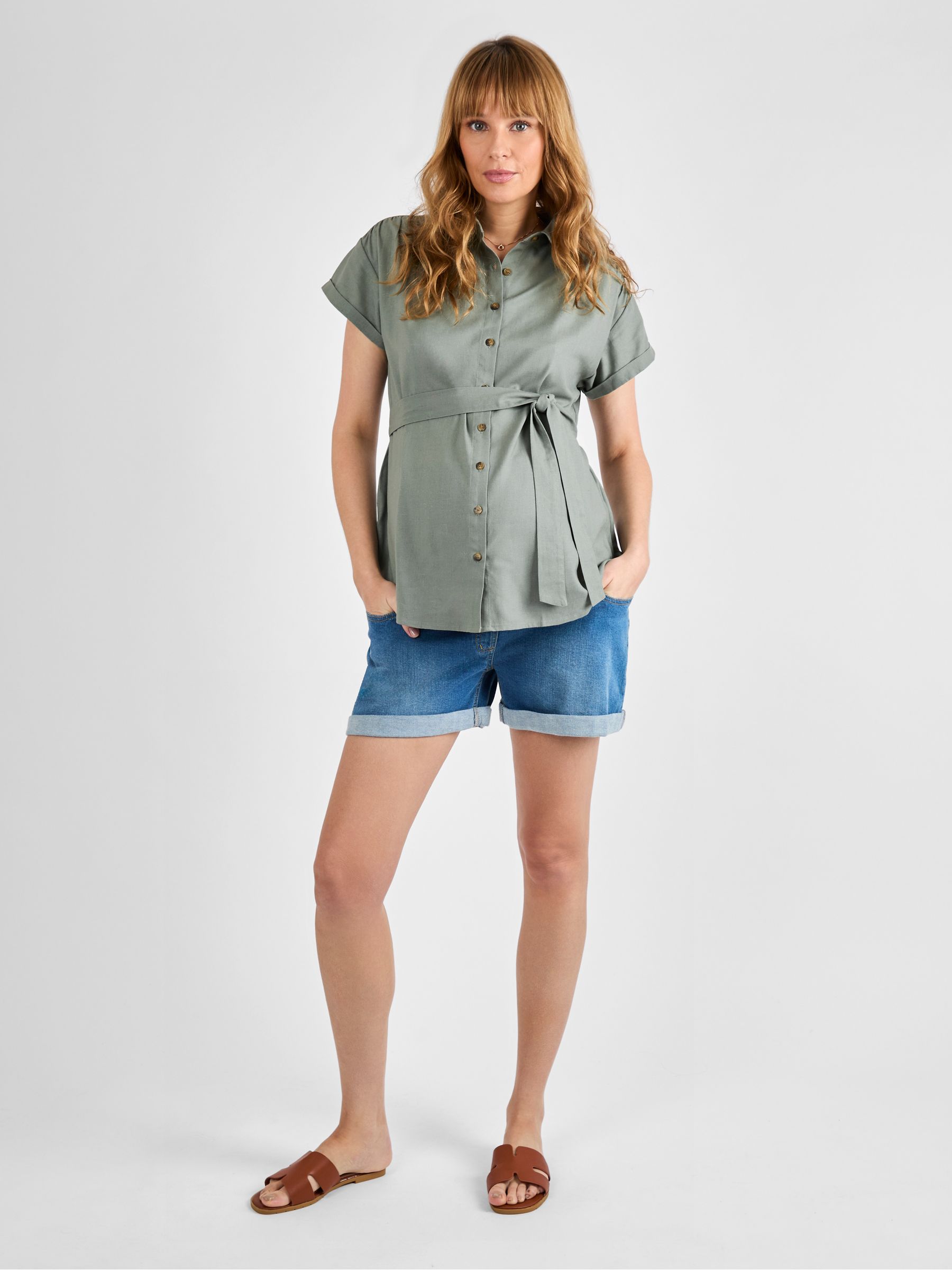 Khaki Linen Blend Maternity Shirt - Image 3 of 4