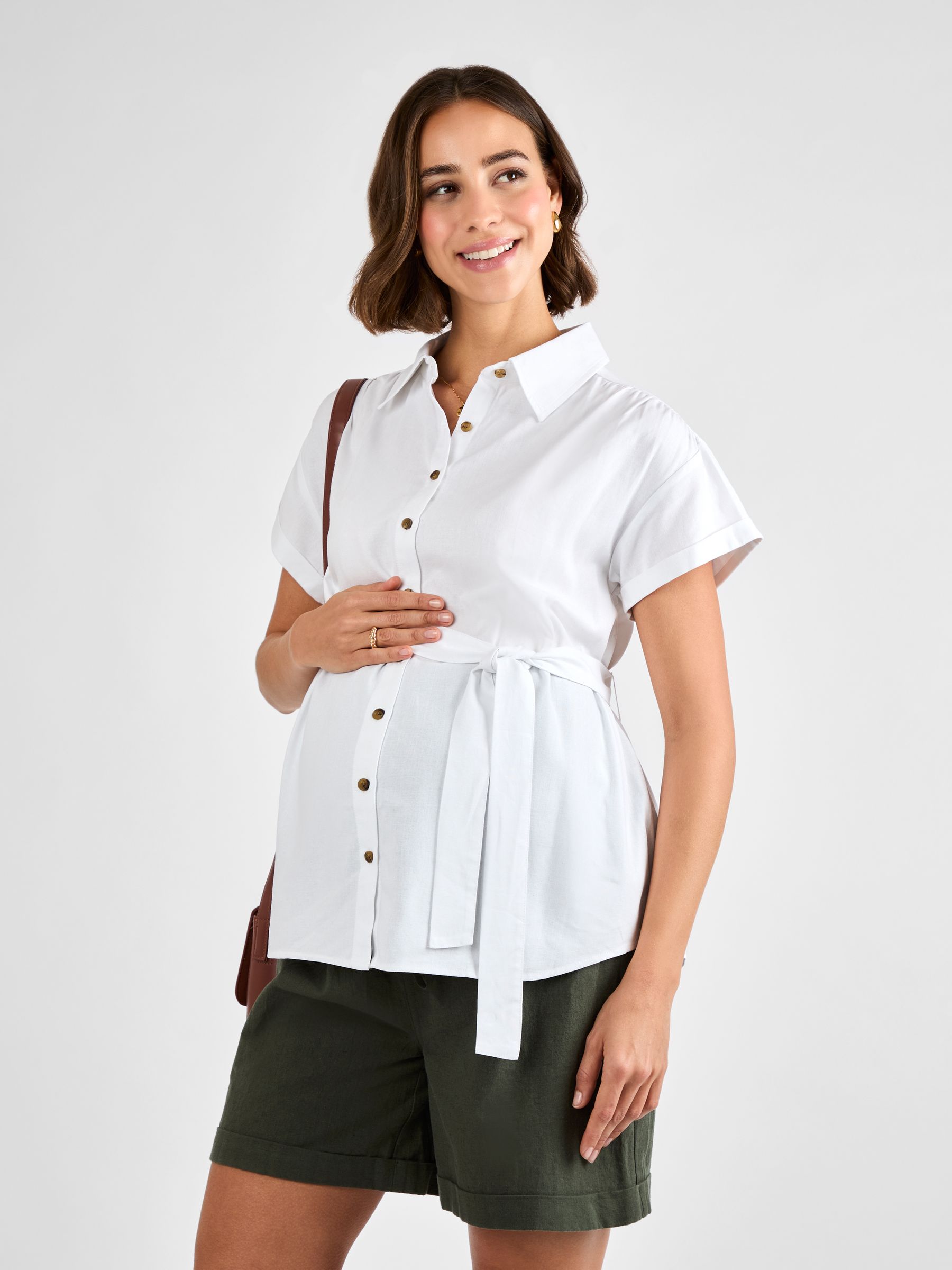 White Linen Blend Maternity Shirt - Image 1 of 4