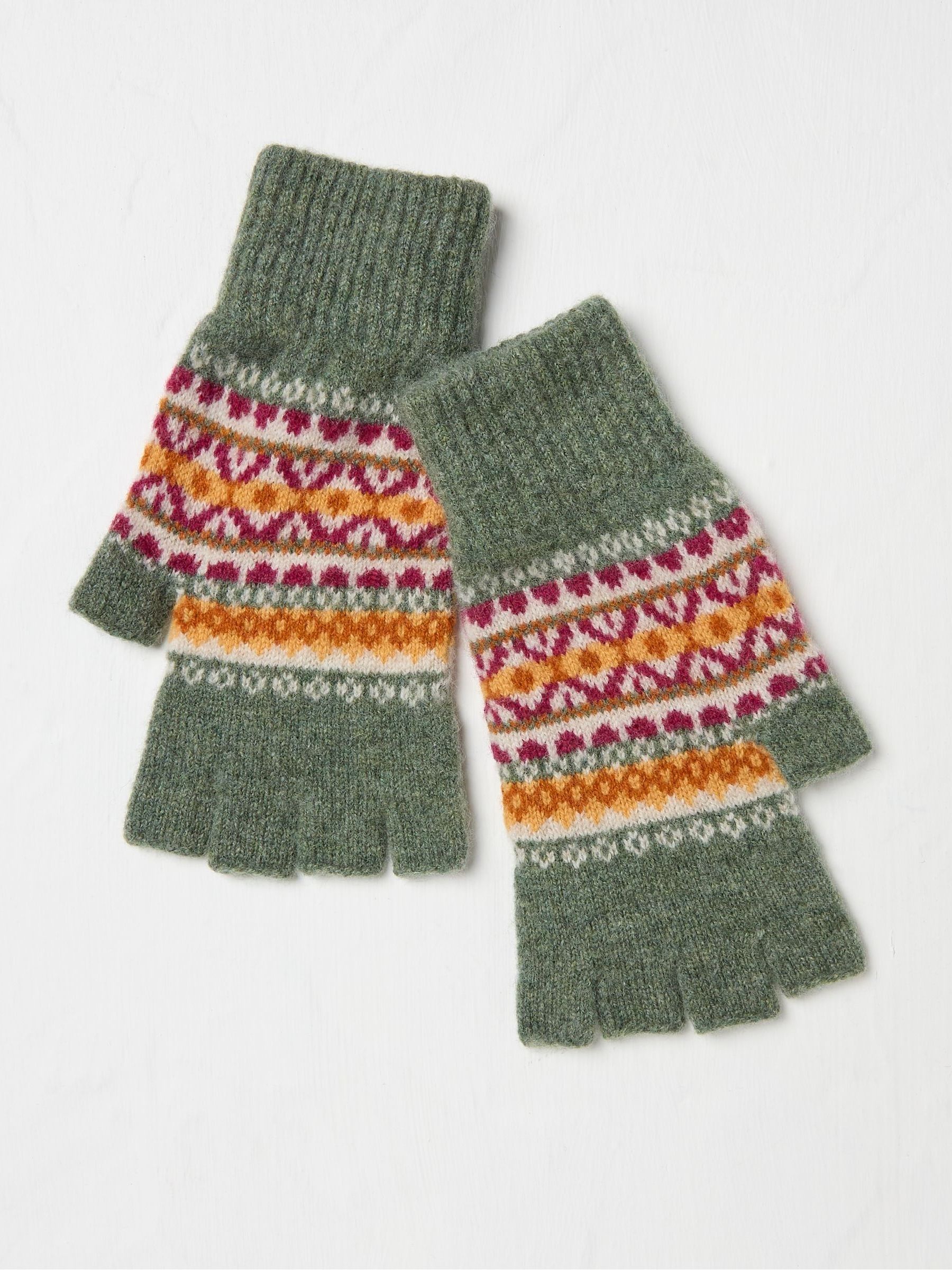 Green Lambswool Fairisle Fingerless Gloves - Image 2 of 2