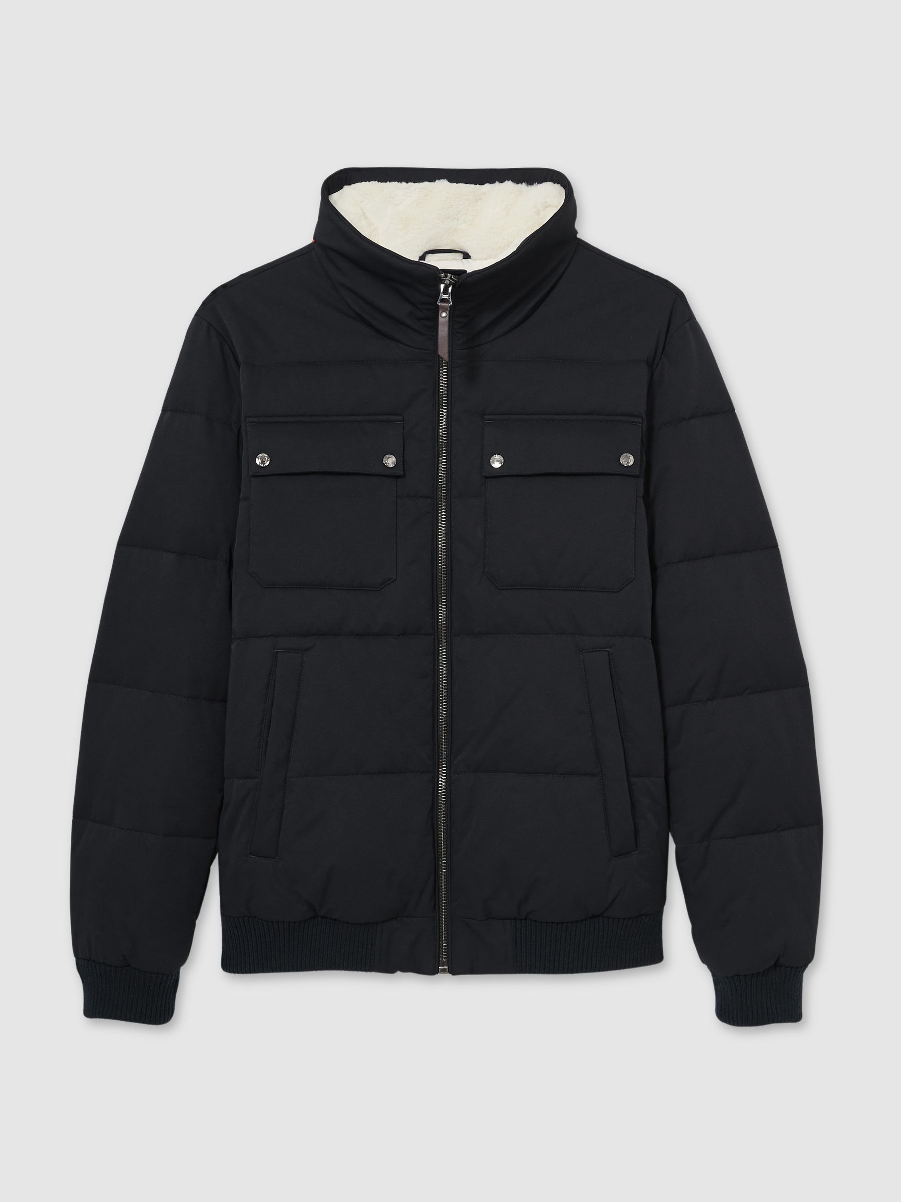 Faux-Fur Collar Puffer Jacket in Navy/ White Borg - Image 2 of 7