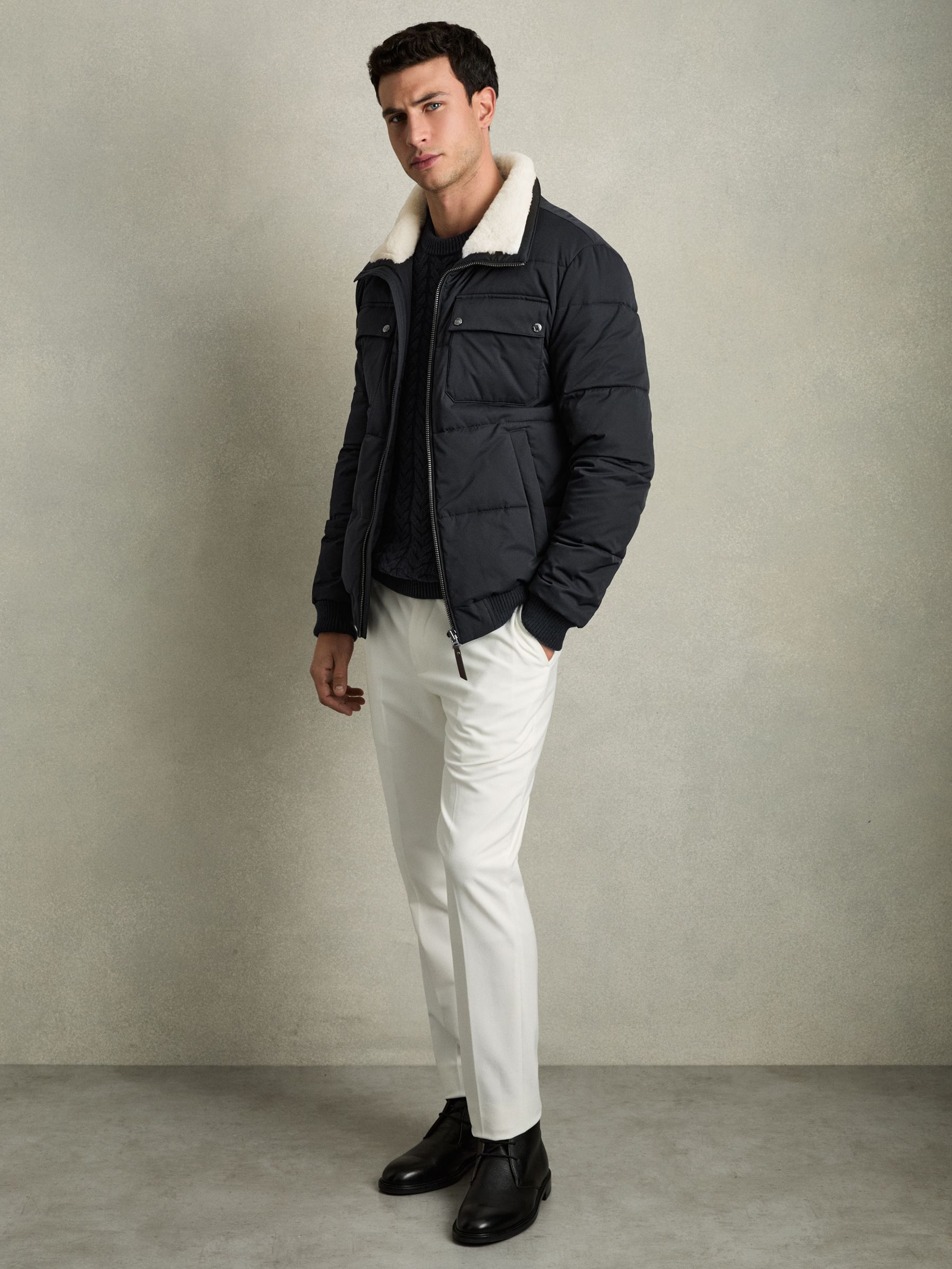 Faux-Fur Collar Puffer Jacket in Navy/ White Borg - Image 3 of 7