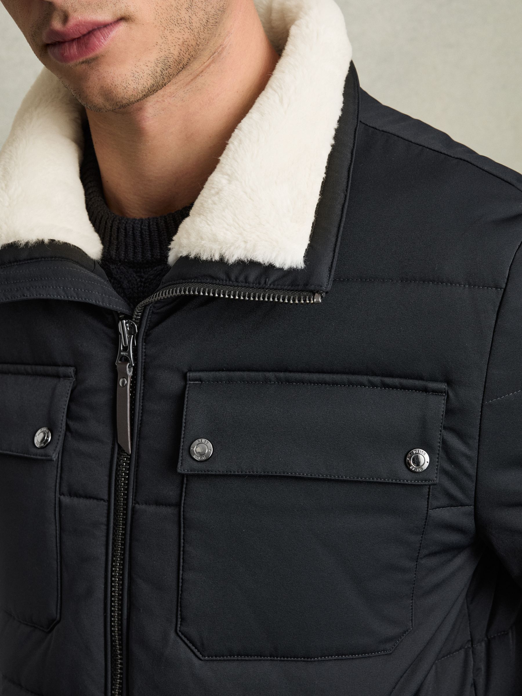 Faux-Fur Collar Puffer Jacket in Navy/ White Borg - Image 4 of 7