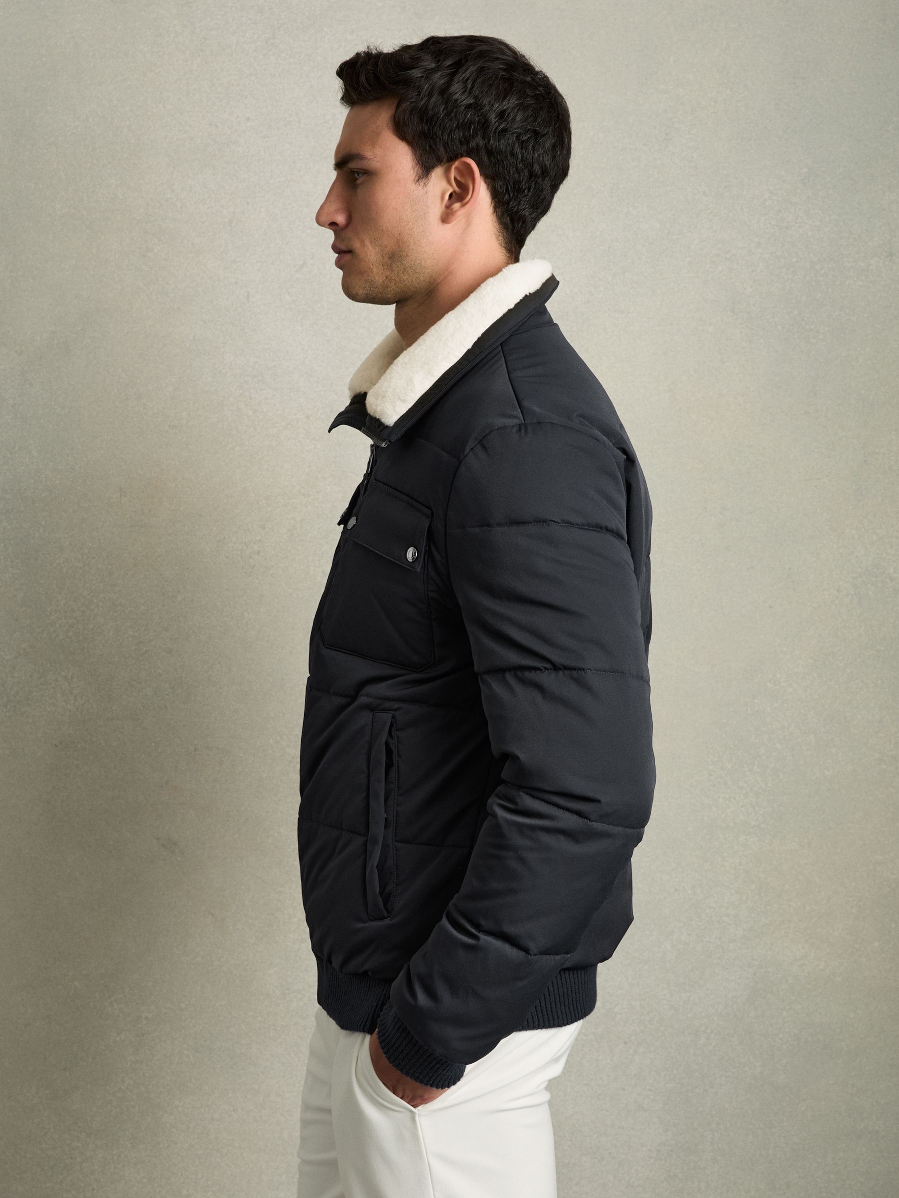 Faux-Fur Collar Puffer Jacket in Navy/ White Borg - Image 6 of 7