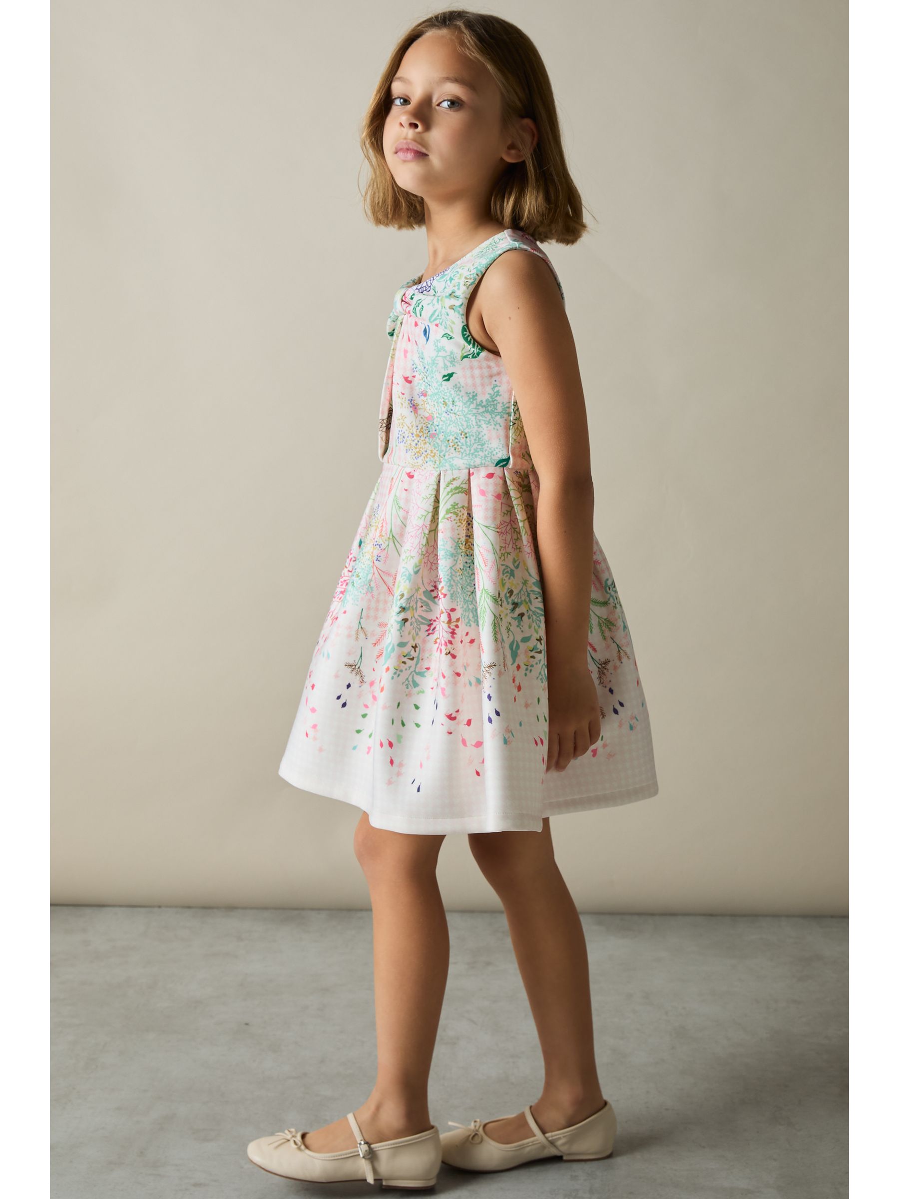 9-13 yrs Floral-Print Pleated Scuba Dress in Pink Print - Image 3 of 4