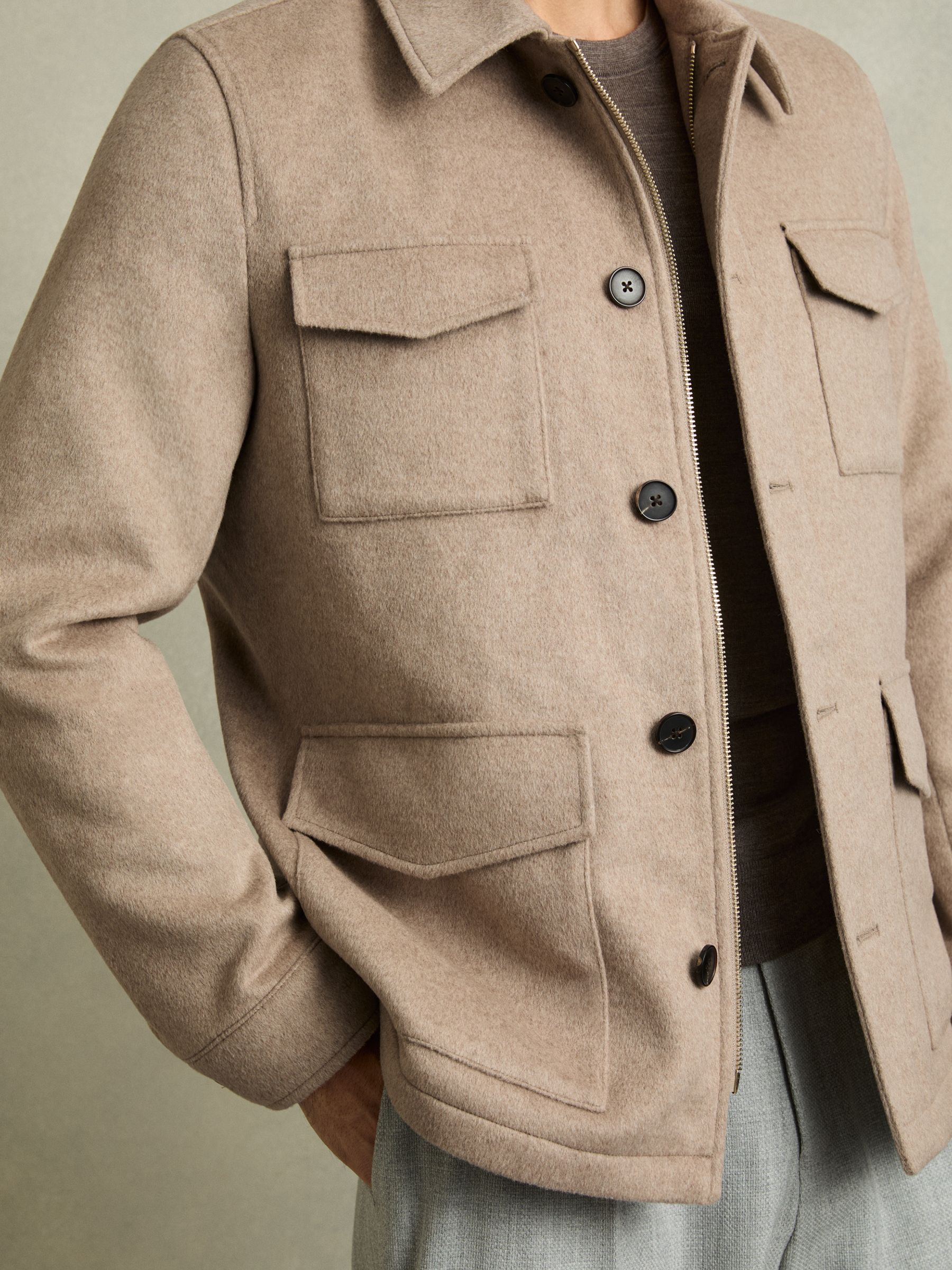 Wool-Blend Zip-Through Four-Pocket Jacket in Oatmeal Melange - Image 4 of 7