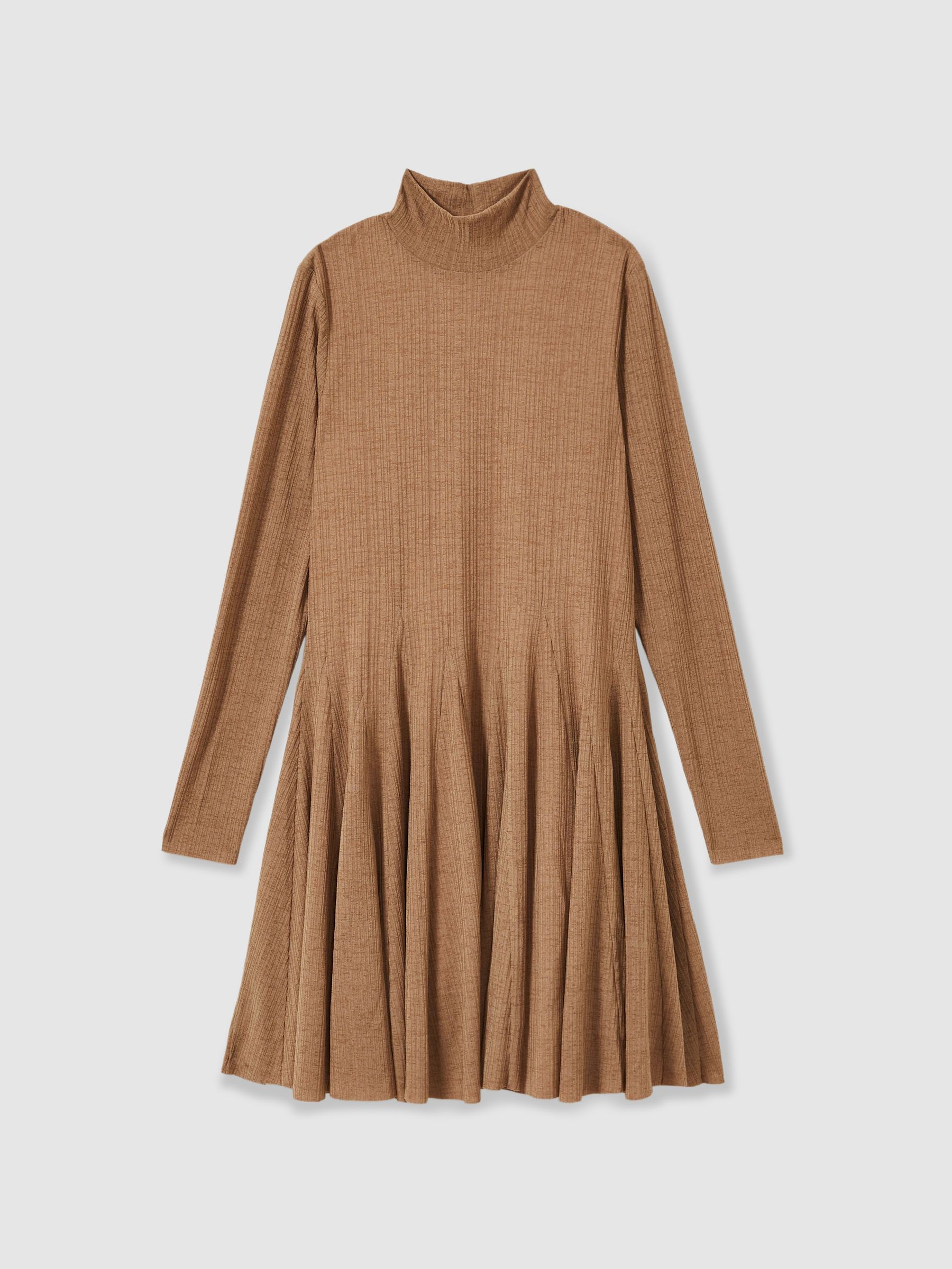 Jersey Ribbed Flared Mini Dress in Camel - Image 2 of 7