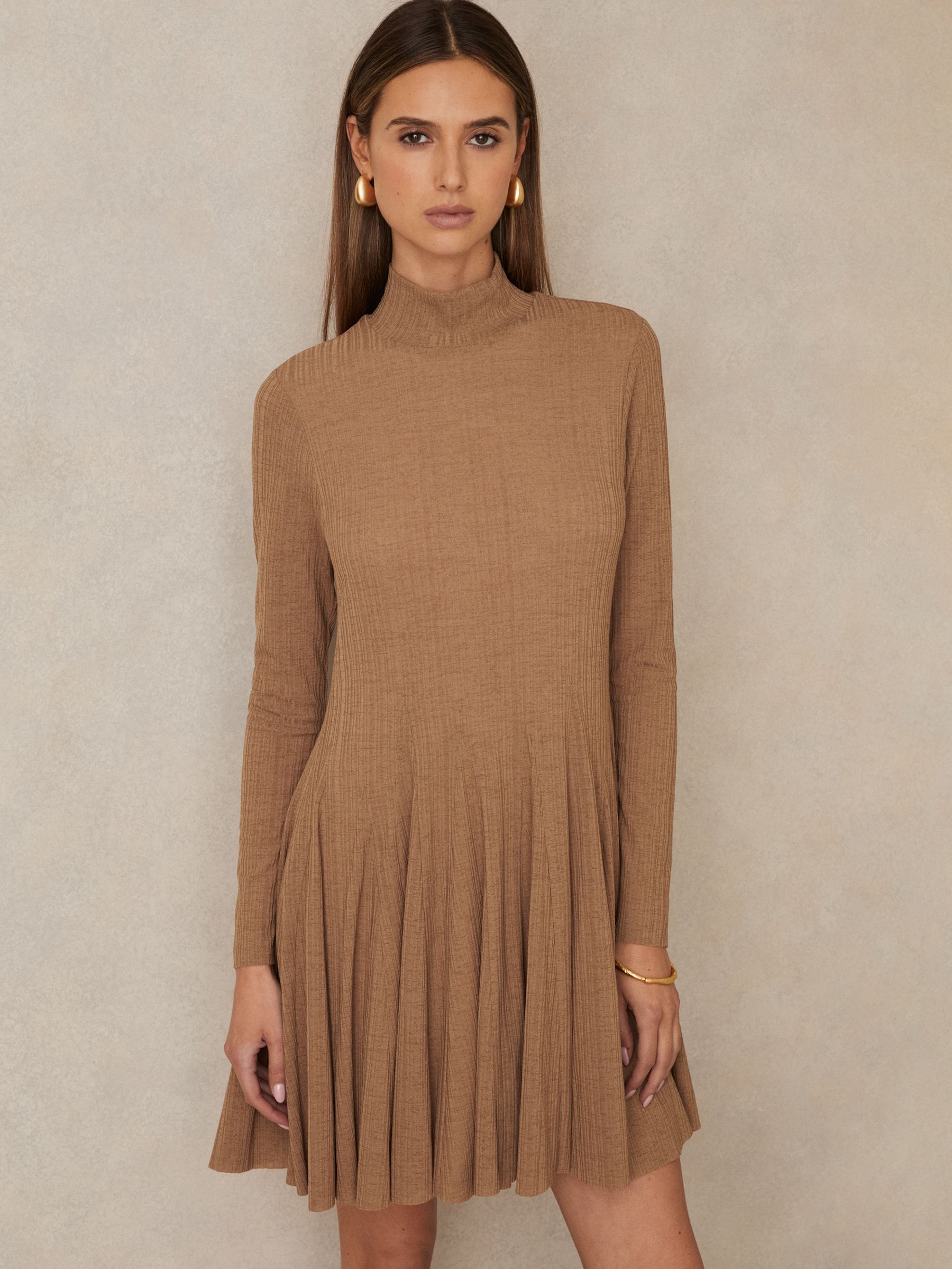 Jersey Ribbed Flared Mini Dress in Camel - image 3