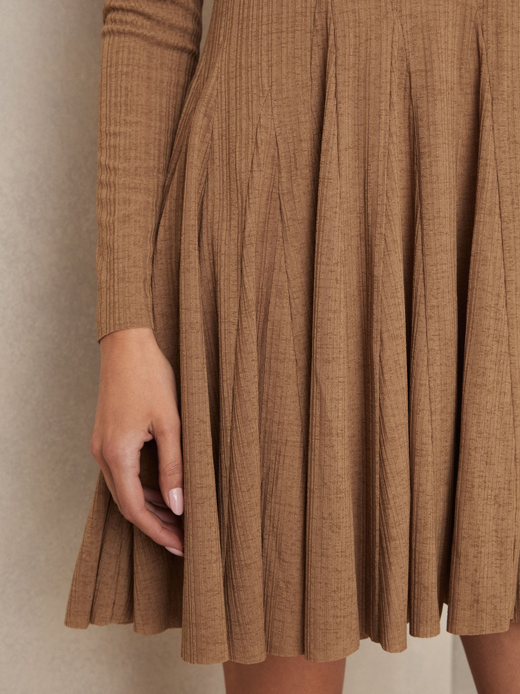 Jersey Ribbed Flared Mini Dress in Camel - image 4