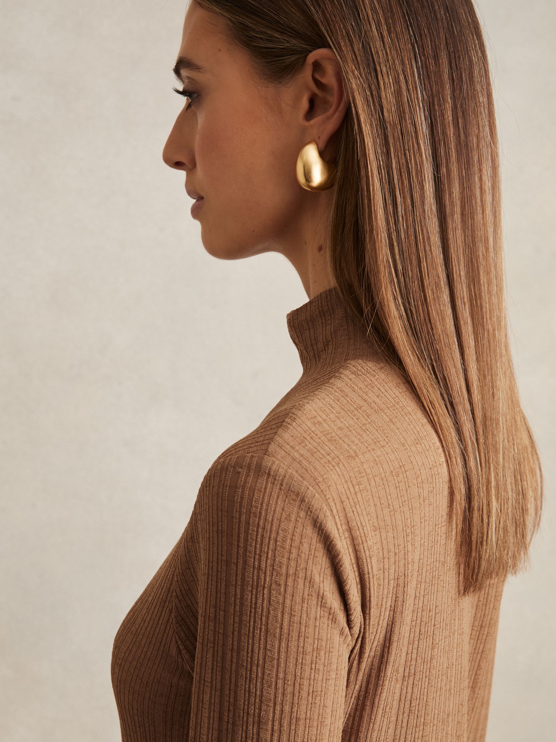 Jersey Ribbed Flared Mini Dress in Camel - image 5
