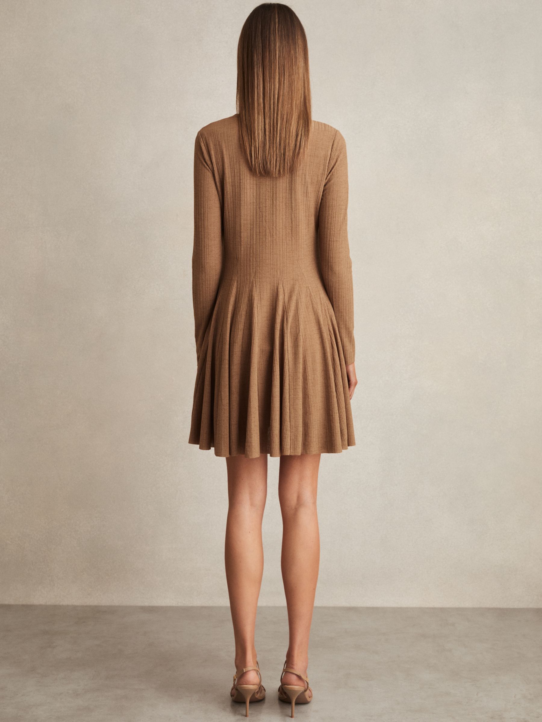 Jersey Ribbed Flared Mini Dress in Camel - Image 6 of 7