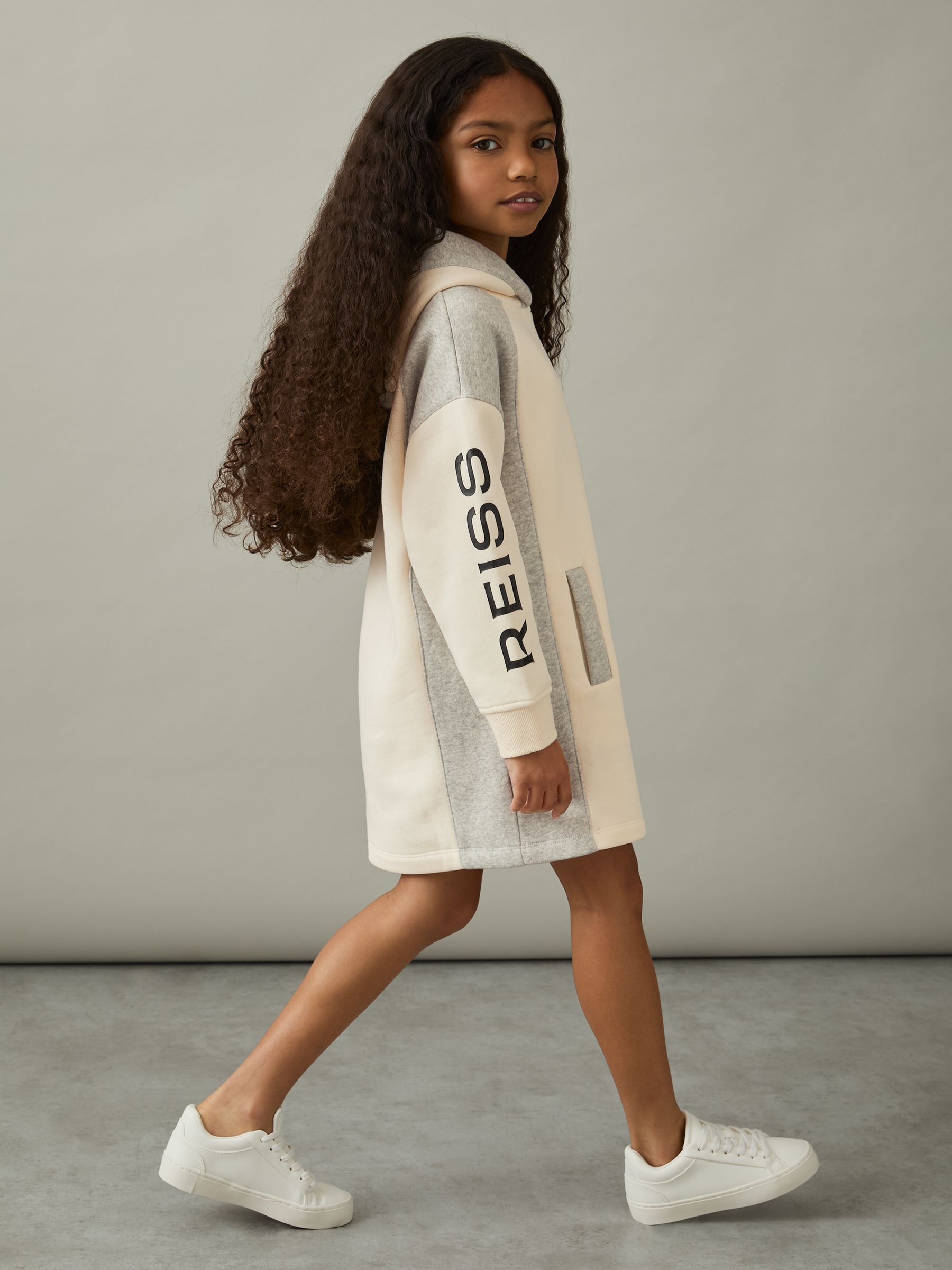 13-14 yrs Colour-Block Hooded Jersey Dress in Ecru - Image 4 of 5