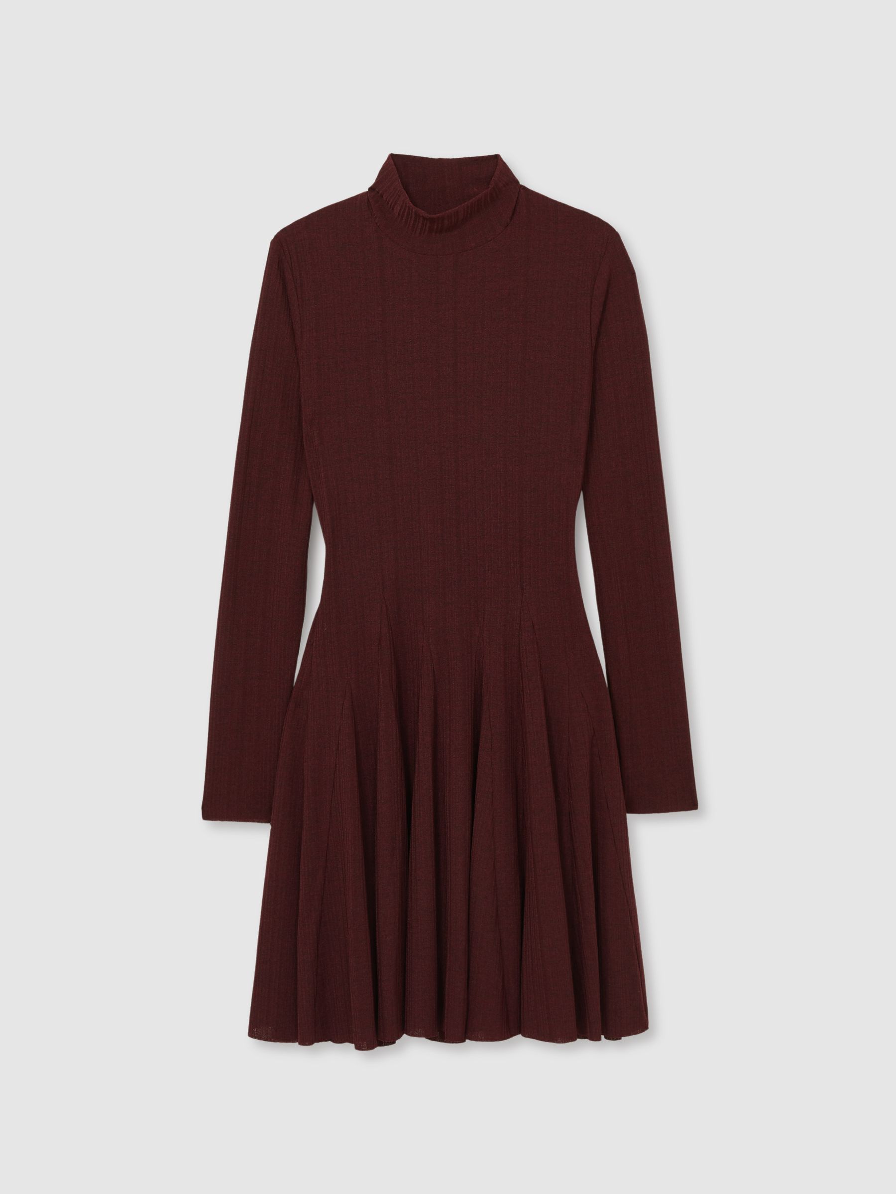Jersey Ribbed Flared Mini Dress in Burgundy - Image 2 of 6
