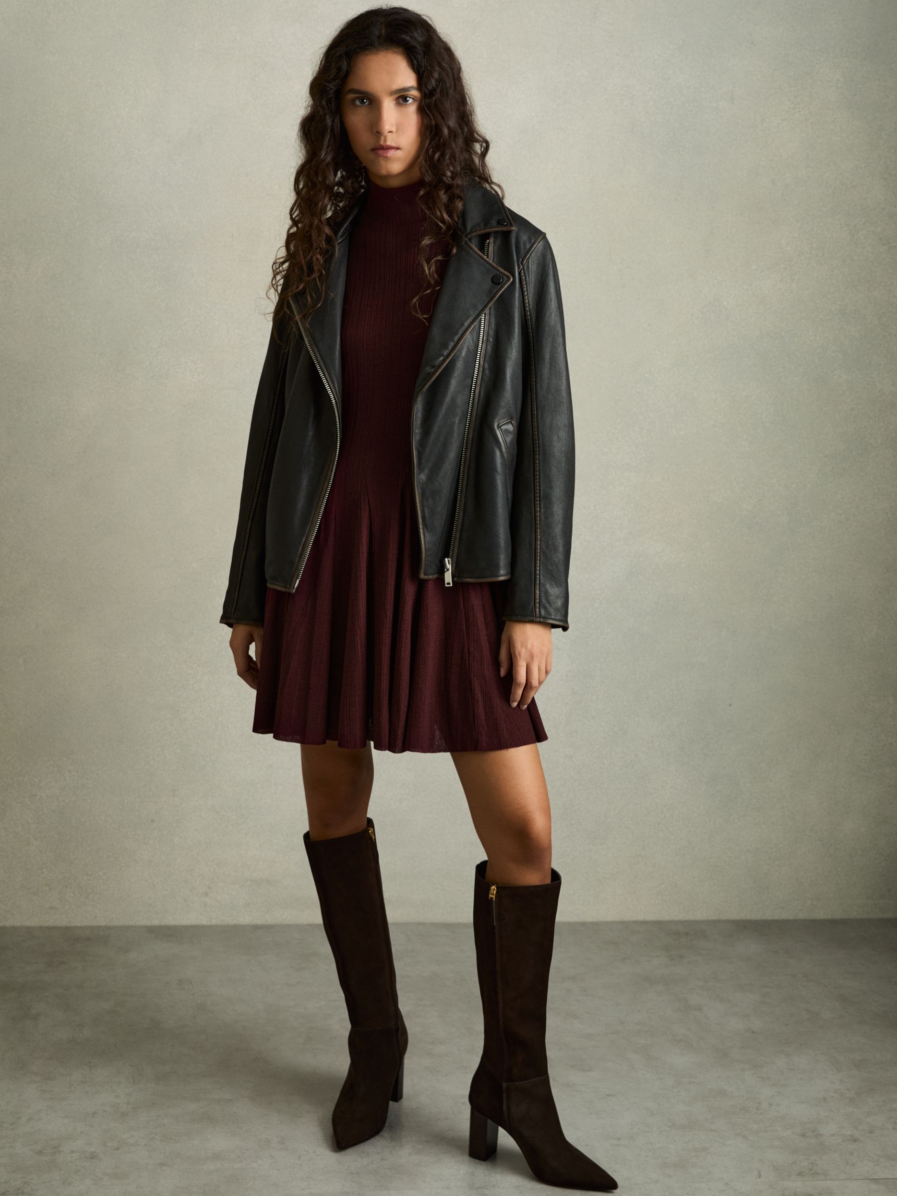 Jersey Ribbed Flared Mini Dress in Burgundy - Image 3 of 6