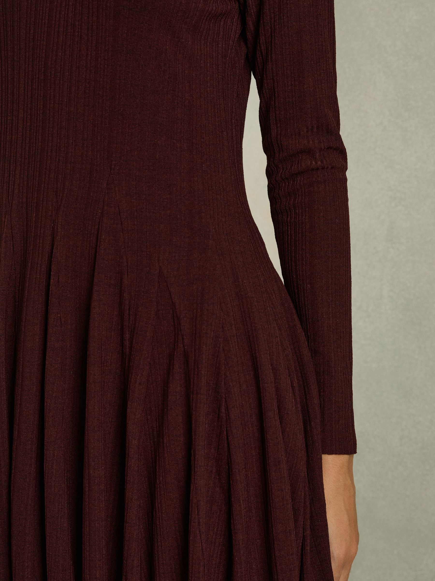 Jersey Ribbed Flared Mini Dress in Burgundy - Image 4 of 6