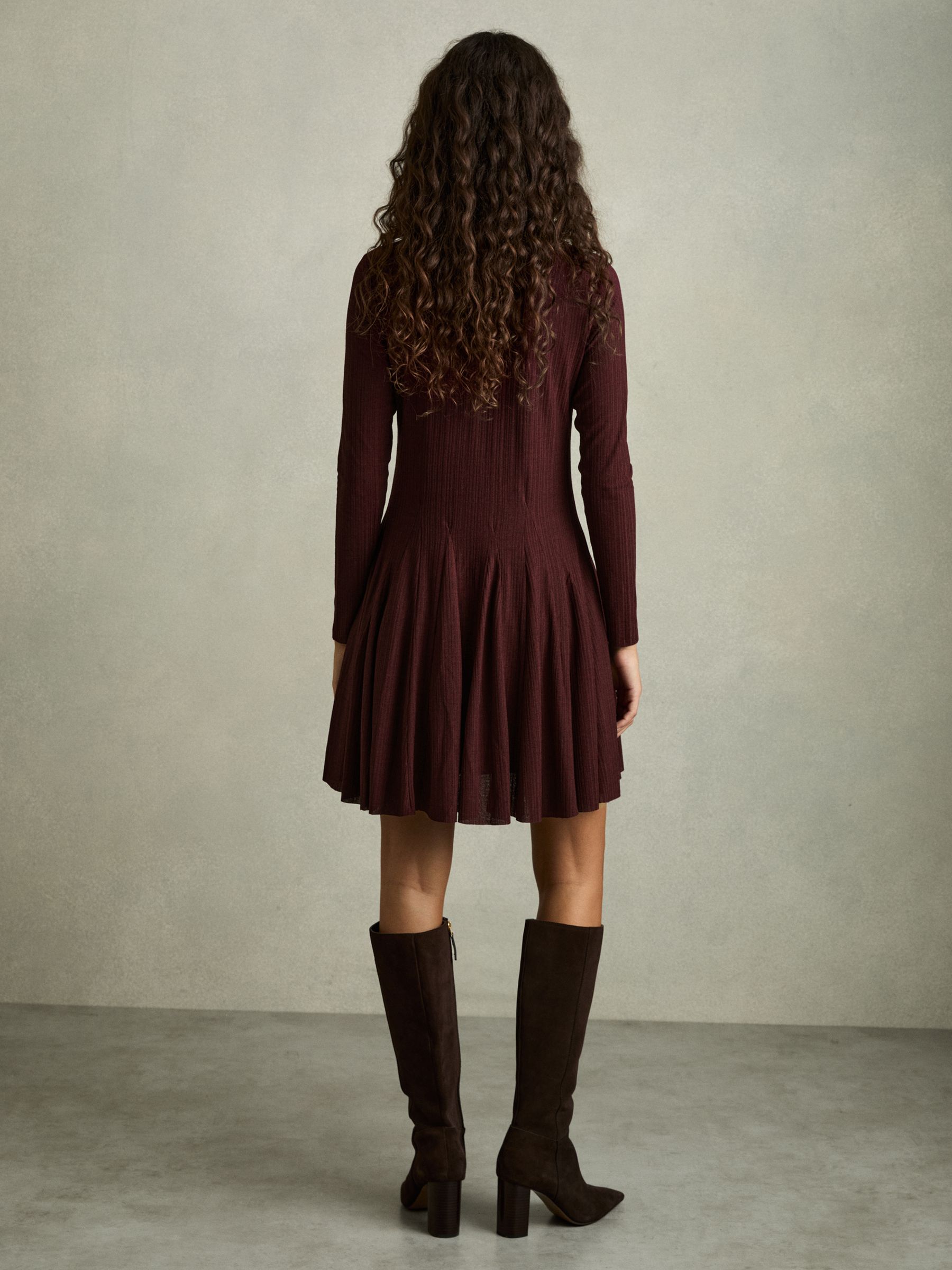 Jersey Ribbed Flared Mini Dress in Burgundy - Image 5 of 6