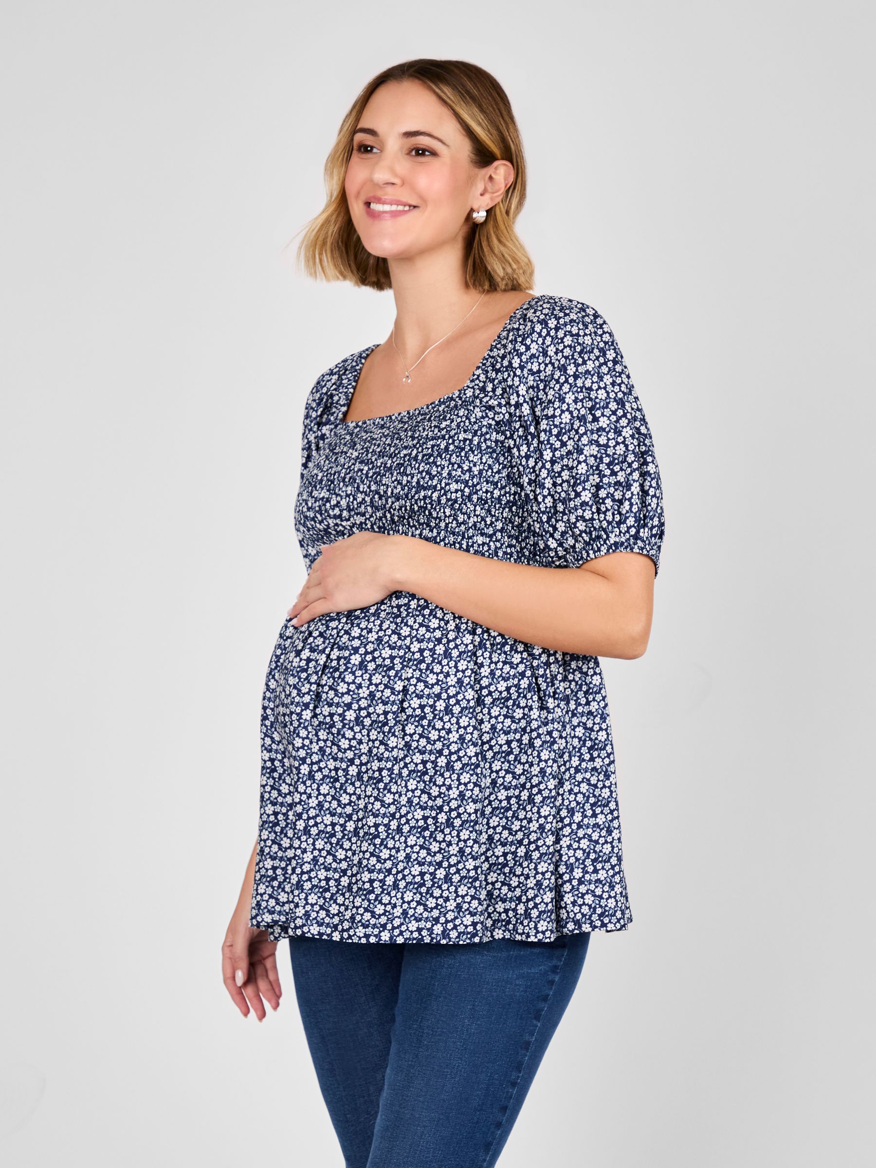 Navy Ditsy Print Shirred Maternity Top - Image 2 of 5