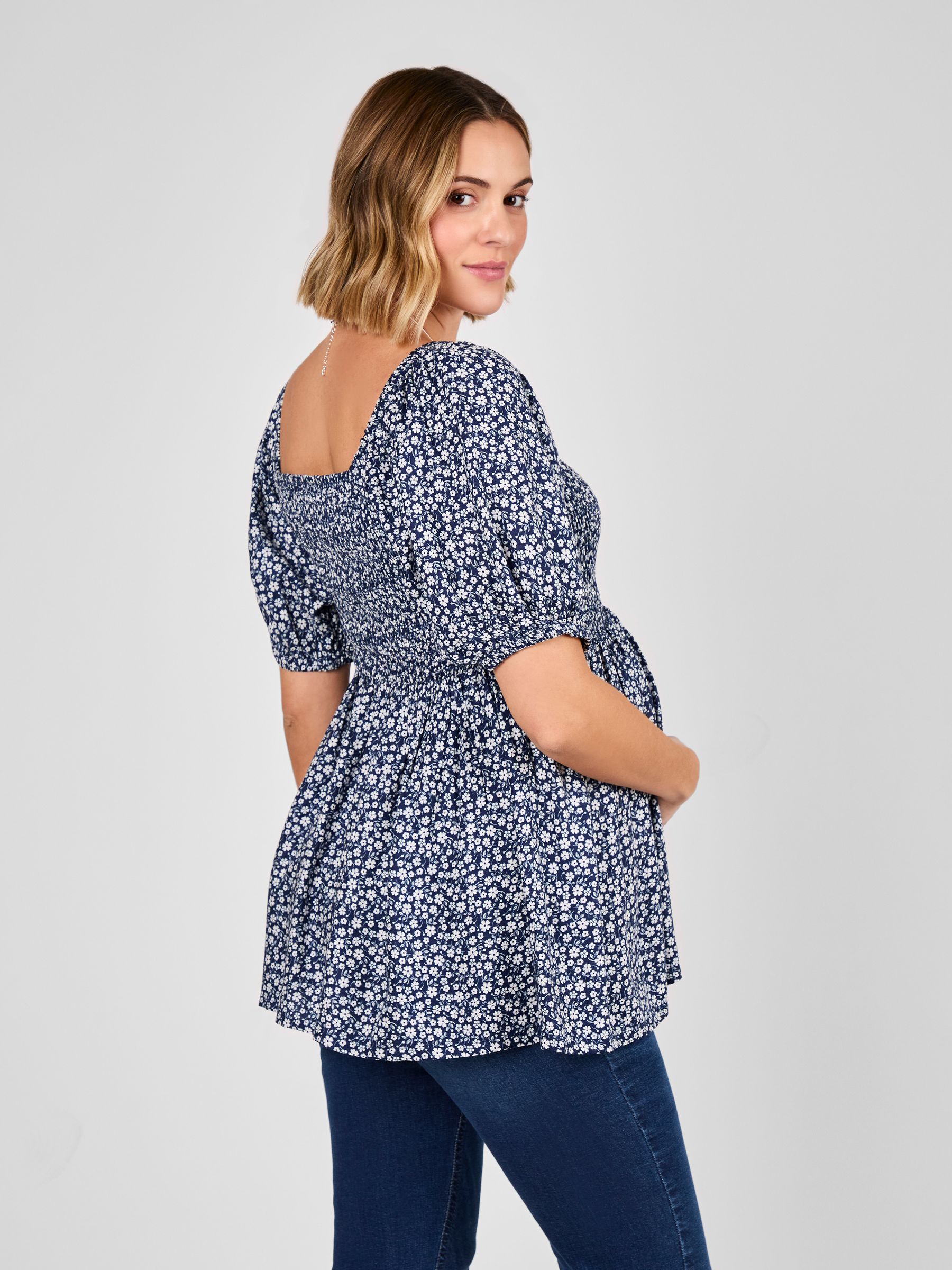 Navy Ditsy Print Shirred Maternity Top - Image 3 of 5