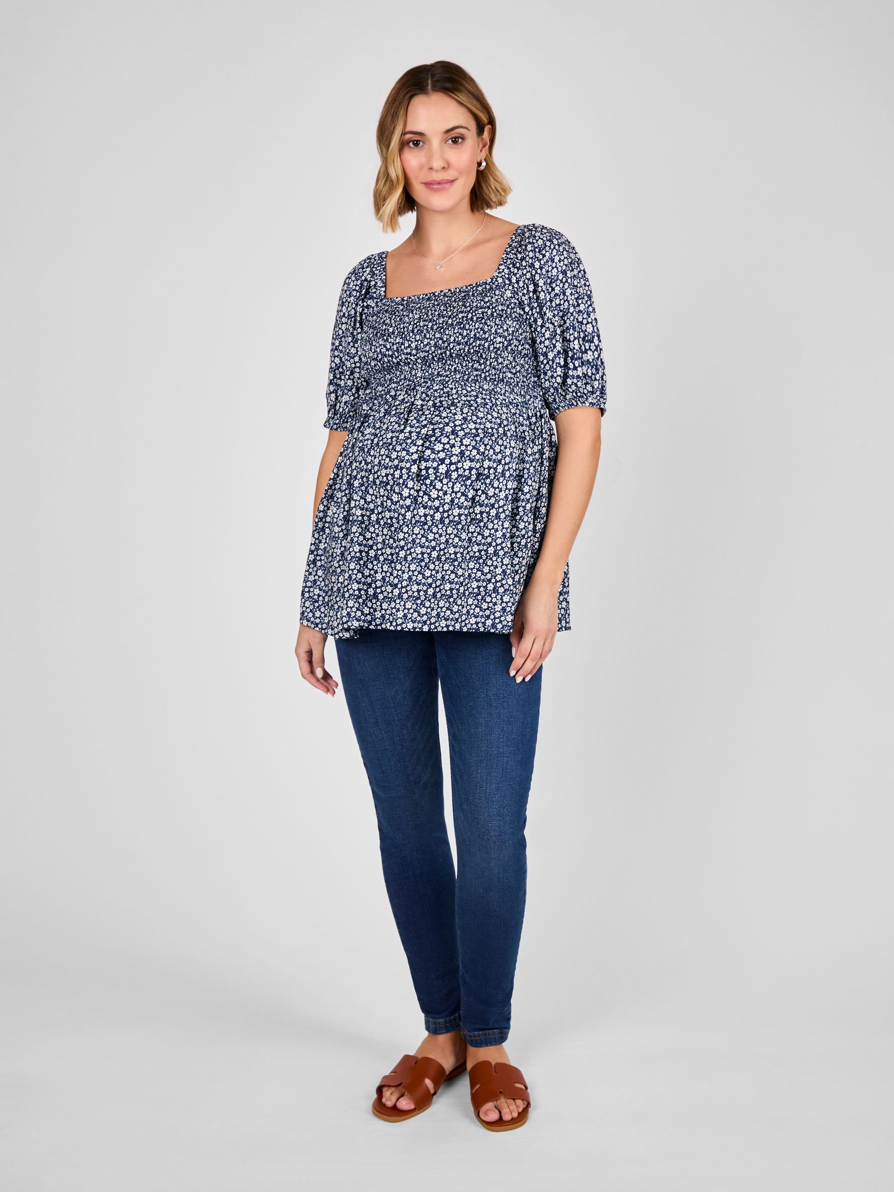 Navy Ditsy Print Shirred Maternity Top - Image 4 of 5
