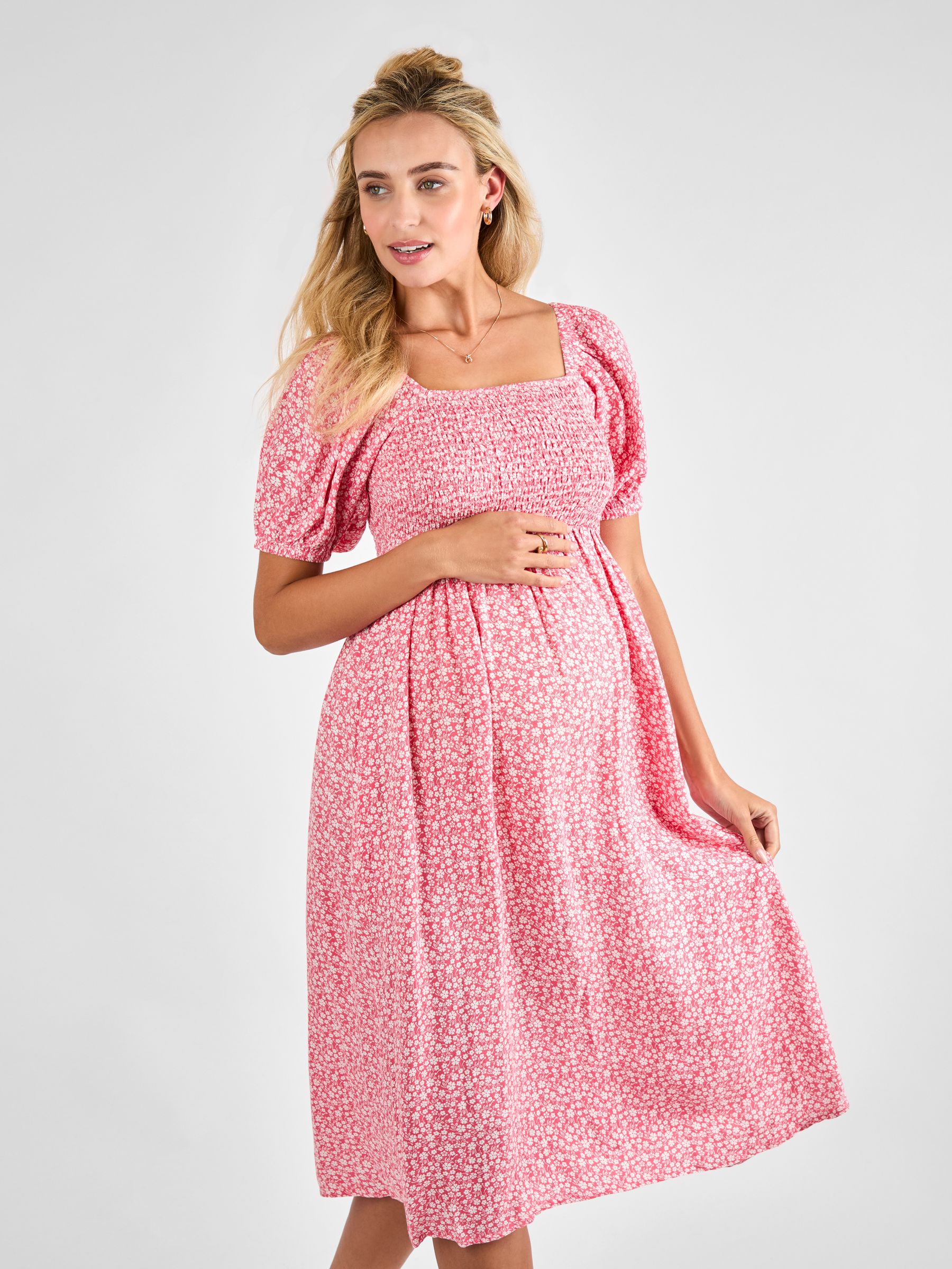 Pink Ditsy Print Shirred Maternity Midi Dress - Image 1 of 4