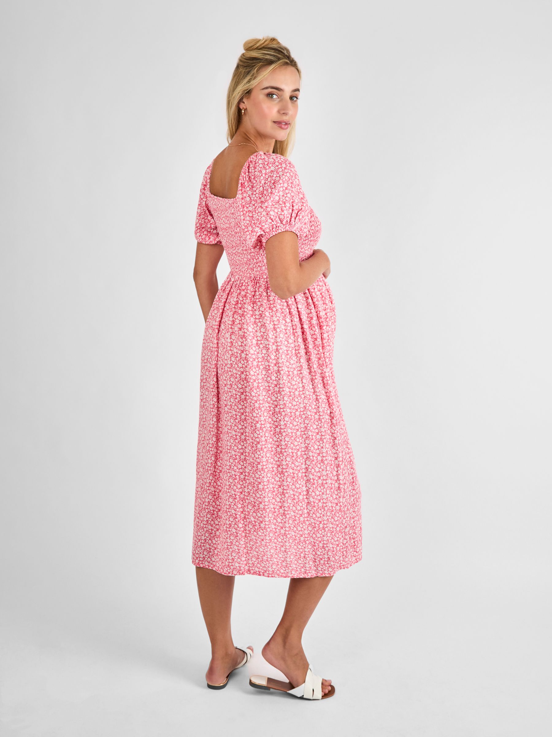 Pink Short Puff Sleeve Shirred Midi Dress | JoJo Maman Bb USA