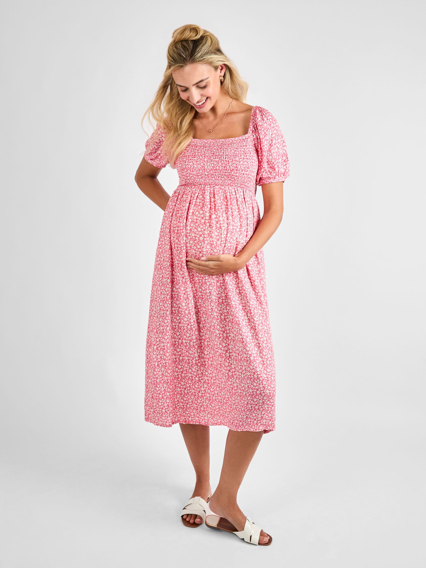 Pink Ditsy Print Shirred Maternity Midi Dress - Image 3 of 4