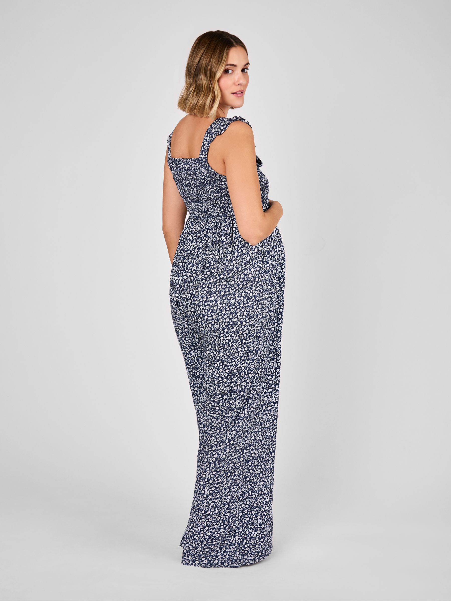 Blue Ditsy Floral Maternity Shirred Jumpsuit - Image 3 of 4