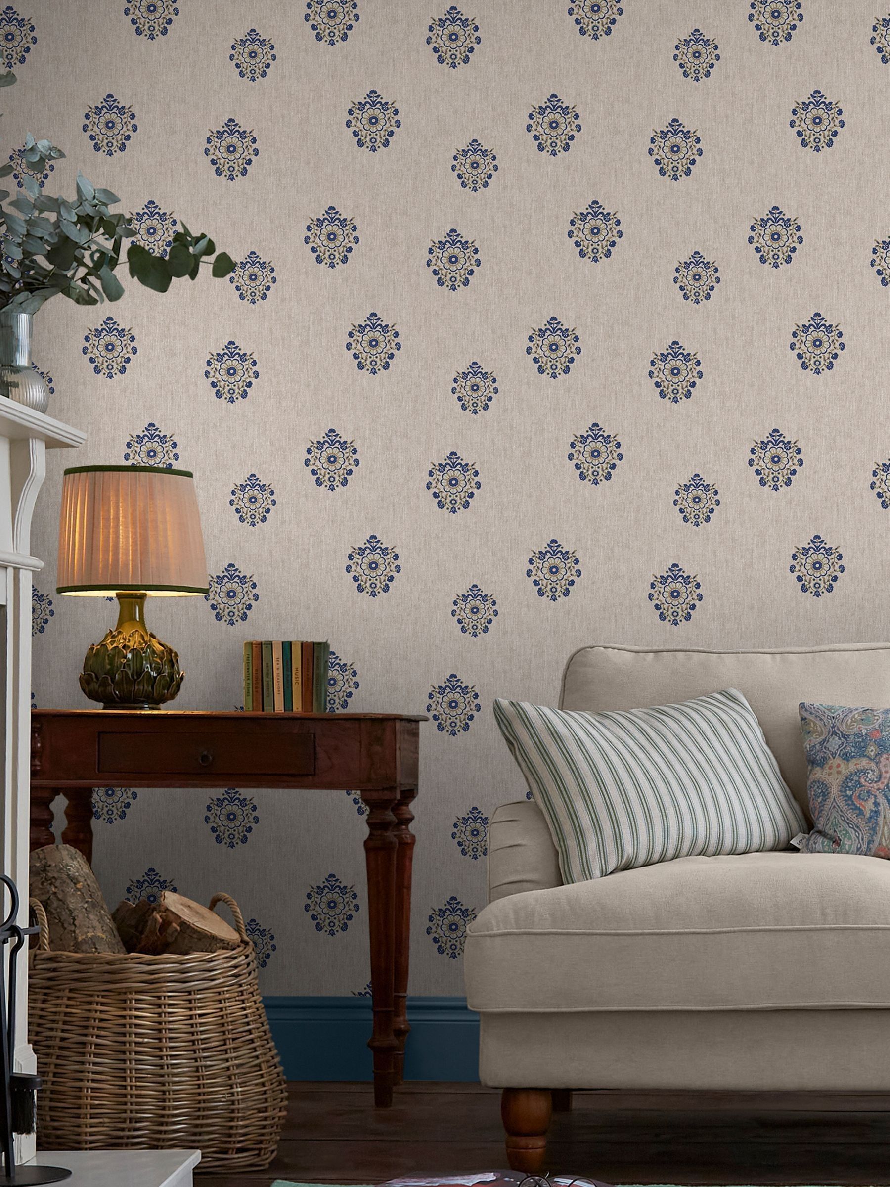 Linen or Blue Grove Motif Print Linen/Blue A4 Wallpaper Sample - Image 1 of 4